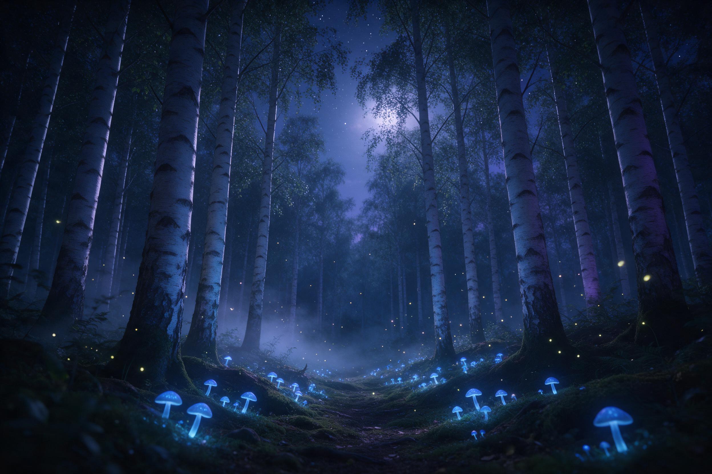 Moonlit ancient forest with towering silver birch trees, bioluminescent blue mushrooms glowing along a mossy path, a faint mist swirling near the ground, fireflies drifting like sparks, night sky with scattered stars through the canopy, soft blue and purple tones, gentle volumetric light from the mo