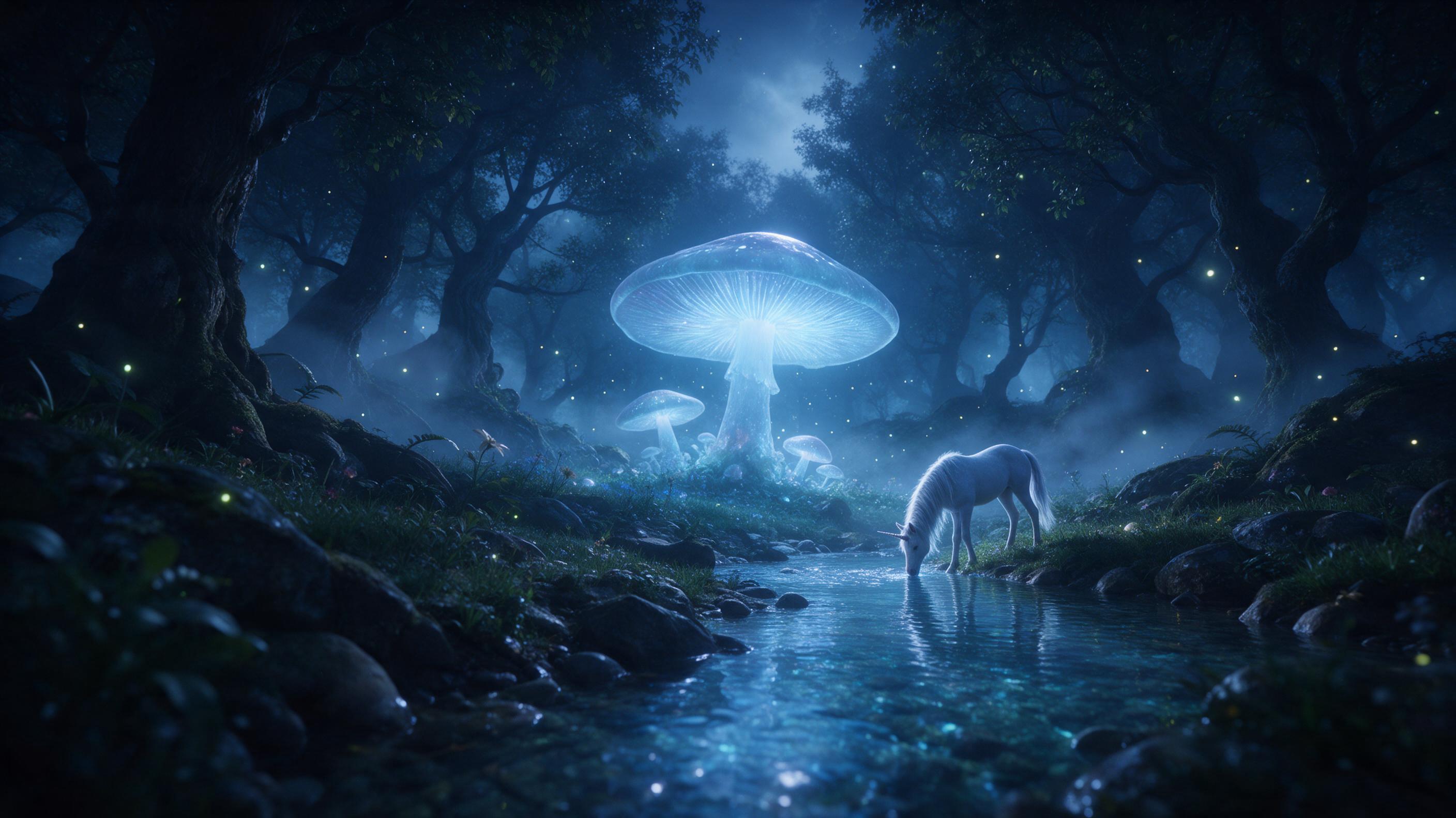 An ancient forest clearing bathed in soft moonlight, giant glowing mushrooms with translucent caps casting bioluminescent blue light, a small unicorn with silver mane drinking from a crystal-clear stream, mist weaving between gnarled trees, fireflies in the air, dreamy and serene atmosphere, low-ang