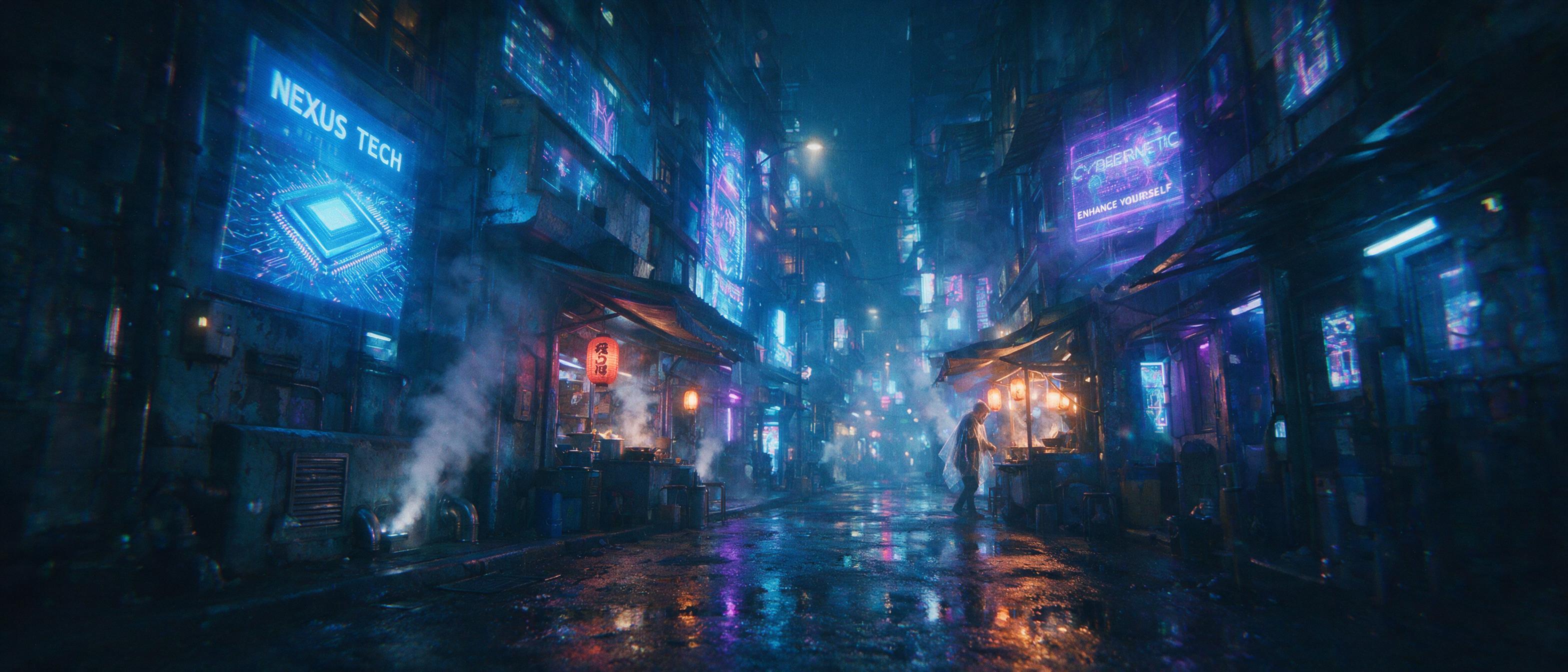 A neon-lit cyberpunk alleyway at midnight, rain-slicked asphalt reflecting purple and blue holographic billboards, a lone figure in a translucent poncho walks past a flickering noodle stand, steam rising from vents, grainy film texture, slight lens flare, moody shadows