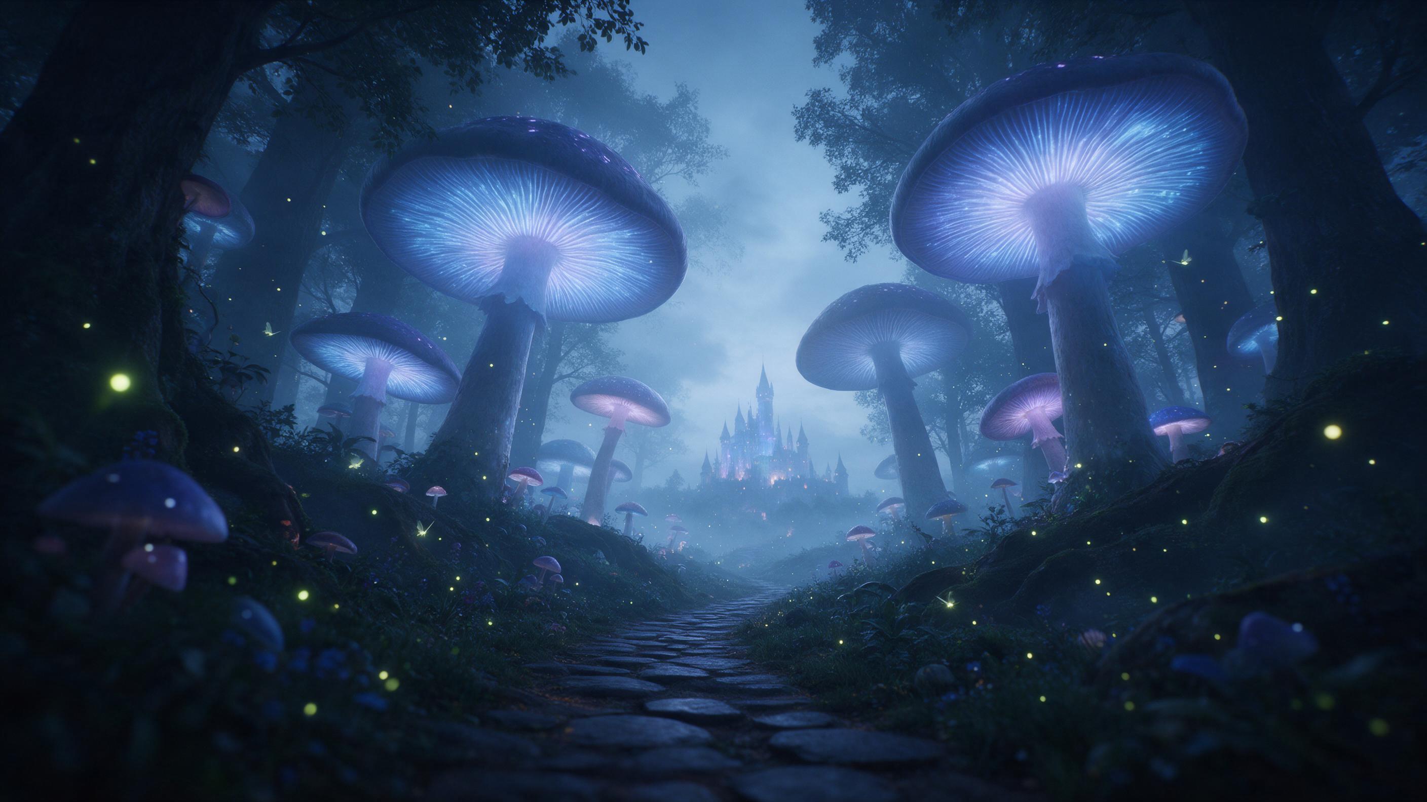 A misty ancient forest with colossal glowing mushrooms, their caps emitting soft blue and violet light, a winding stone path leading to a distant shimmering castle, fireflies drifting in the air, cool evening fog, low camera angle, shallow depth of field, ethereal atmosphere