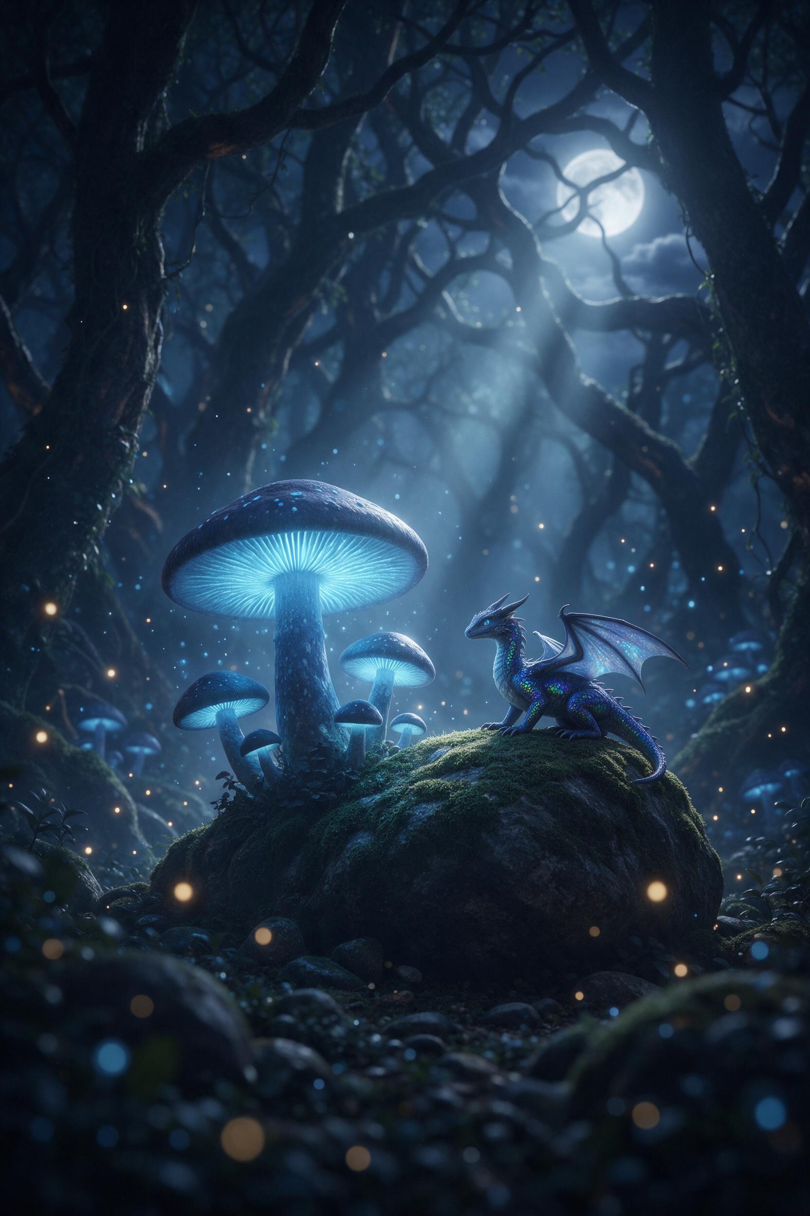 A misty ancient forest where giant glowing mushrooms emit soft blue light, a small dragon with iridescent scales perches on a mossy rock, rays of moonlight pierce through tangled branches, fireflies drift in the air, shallow depth of field, cool color palette with amber accents, ethereal atmosphere