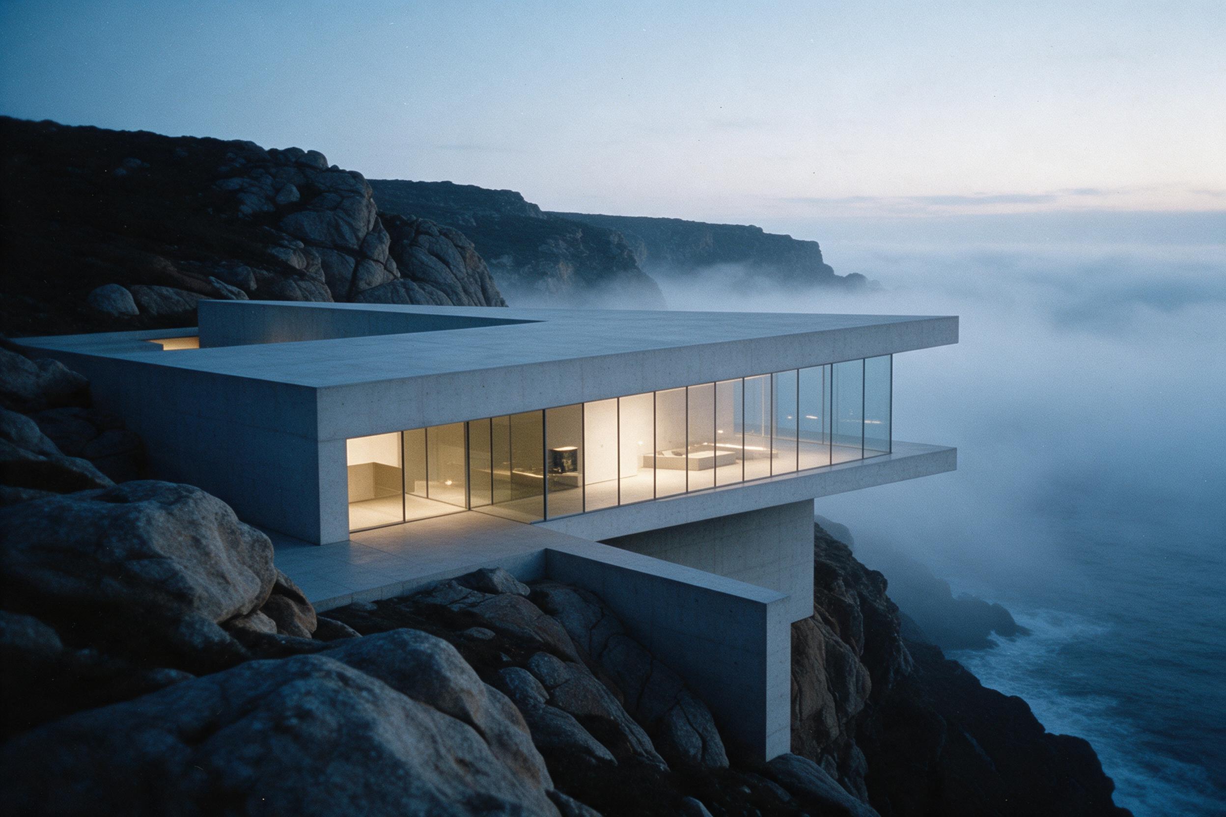 A minimalist concrete museum on a cliff edge at dusk, warm interior lights glowing through floor-to-ceiling glass, cool blue sea fog rolling in, sharp geometric lines contrasting with organic rocks, shot on 35mm film, subtle grain, wide-angle composition