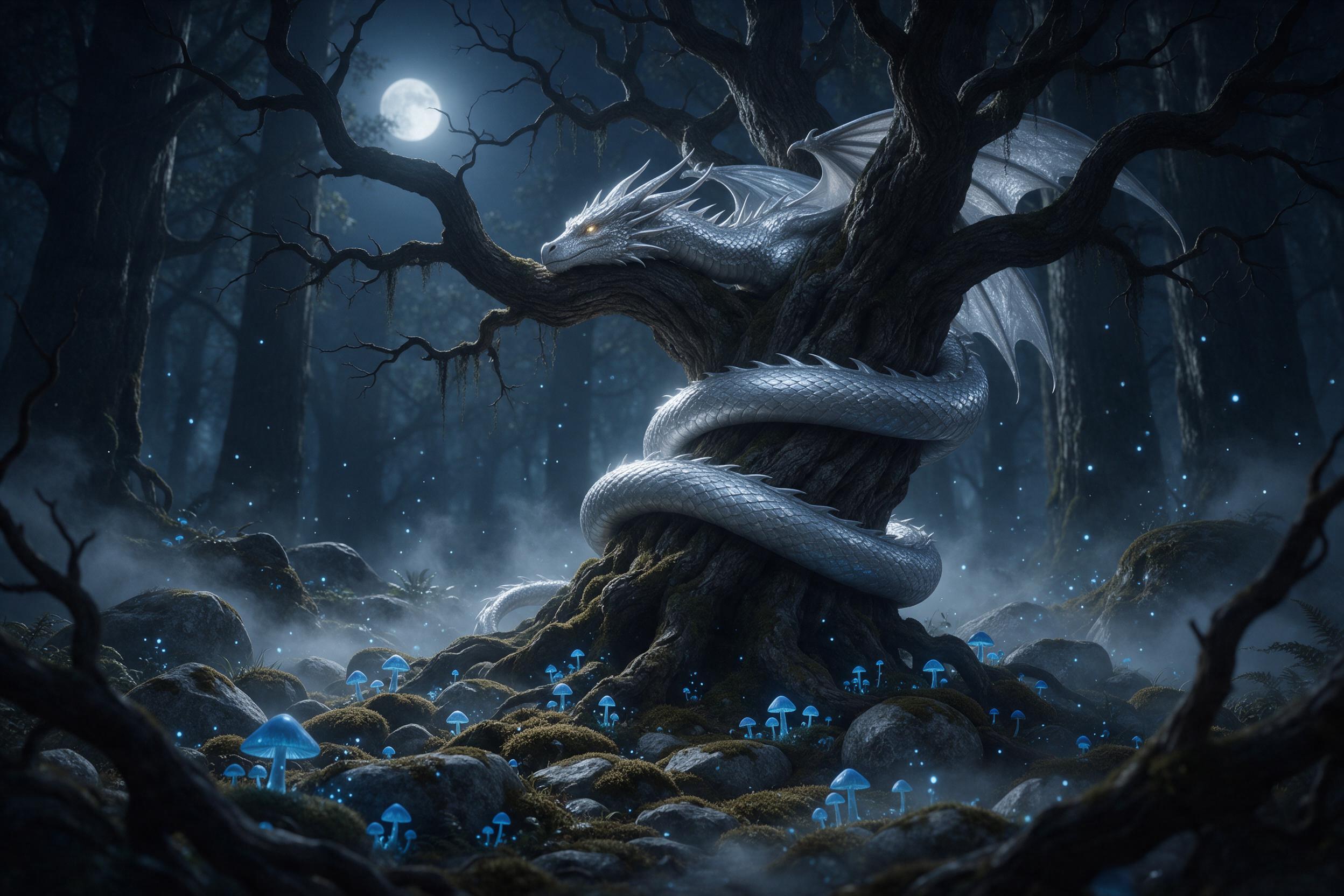 A moonlit ancient forest clearing, bioluminescent blue mushrooms and floating glowing spores, a colossal silver dragon coiled around a gnarled oak, its scales reflecting the pale light, mist rolling between mossy stones, tranquil yet mysterious atmosphere, soft depth of field, cool color palette wit