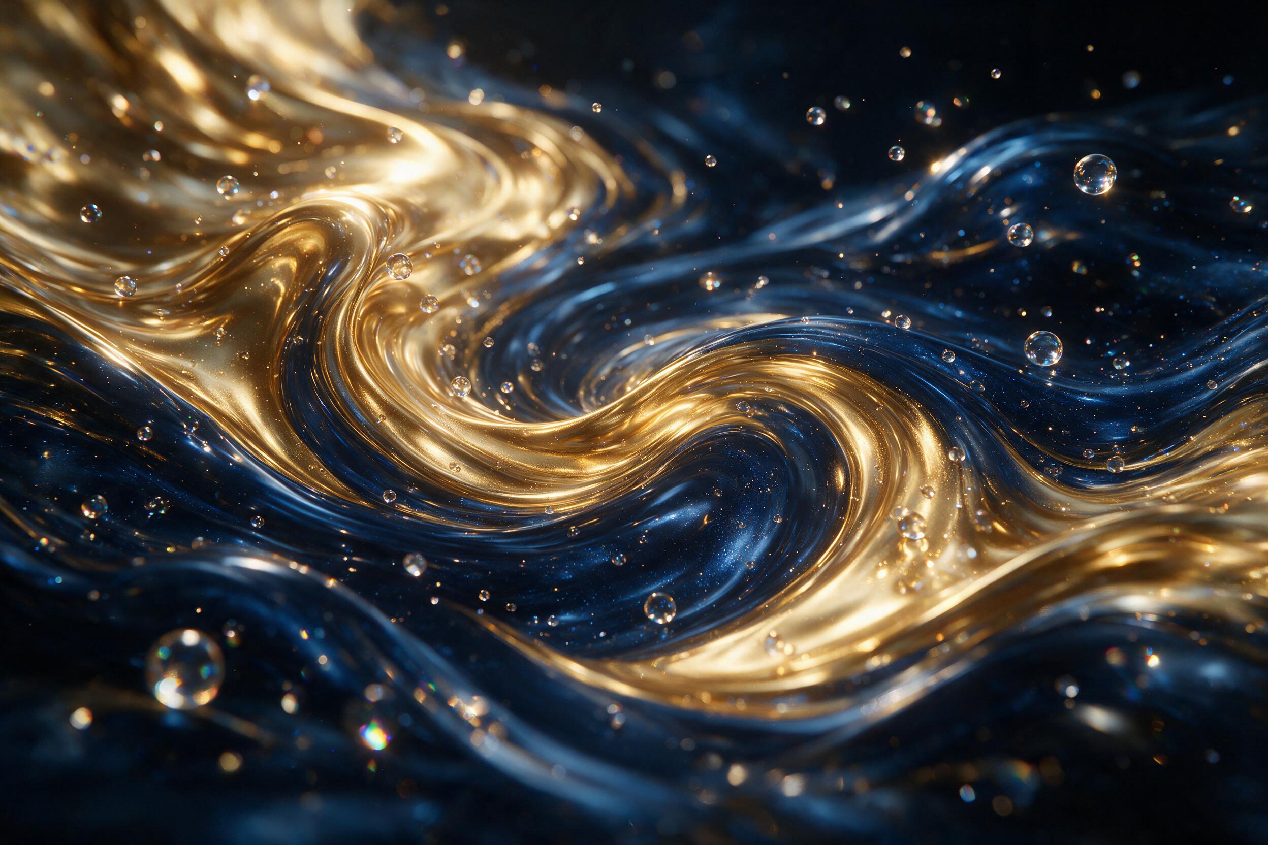 A fluid wave of molten gold and midnight blue, swirling in a cosmic dance, with tiny glass spheres refracting light, set against a matte black background, soft edge lighting, gentle motion blur suggests a slow, hypnotic spin.