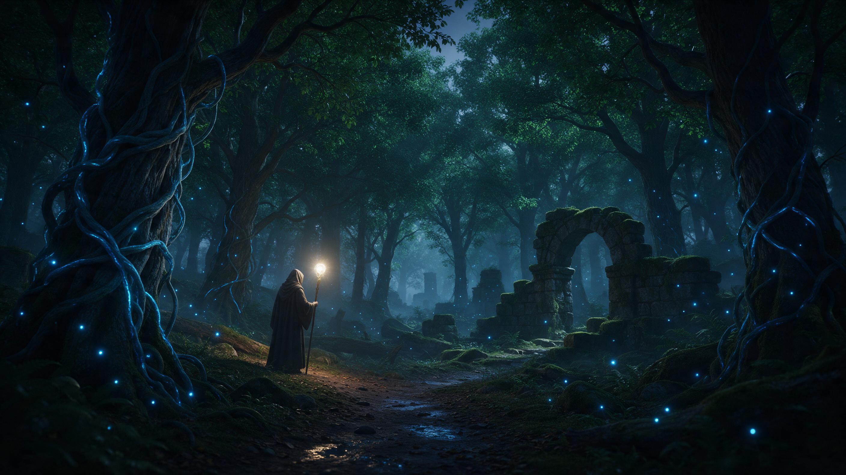 Enchanted ancient forest at twilight, towering emerald canopies crisscrossed by winding luminescent vines, ethereal blue fireflies drifting between mossy stone ruins, a lone hooded figure holding a glowing staff on a winding dirt path, soft volumetric god rays cutting through mist, cinematic composi