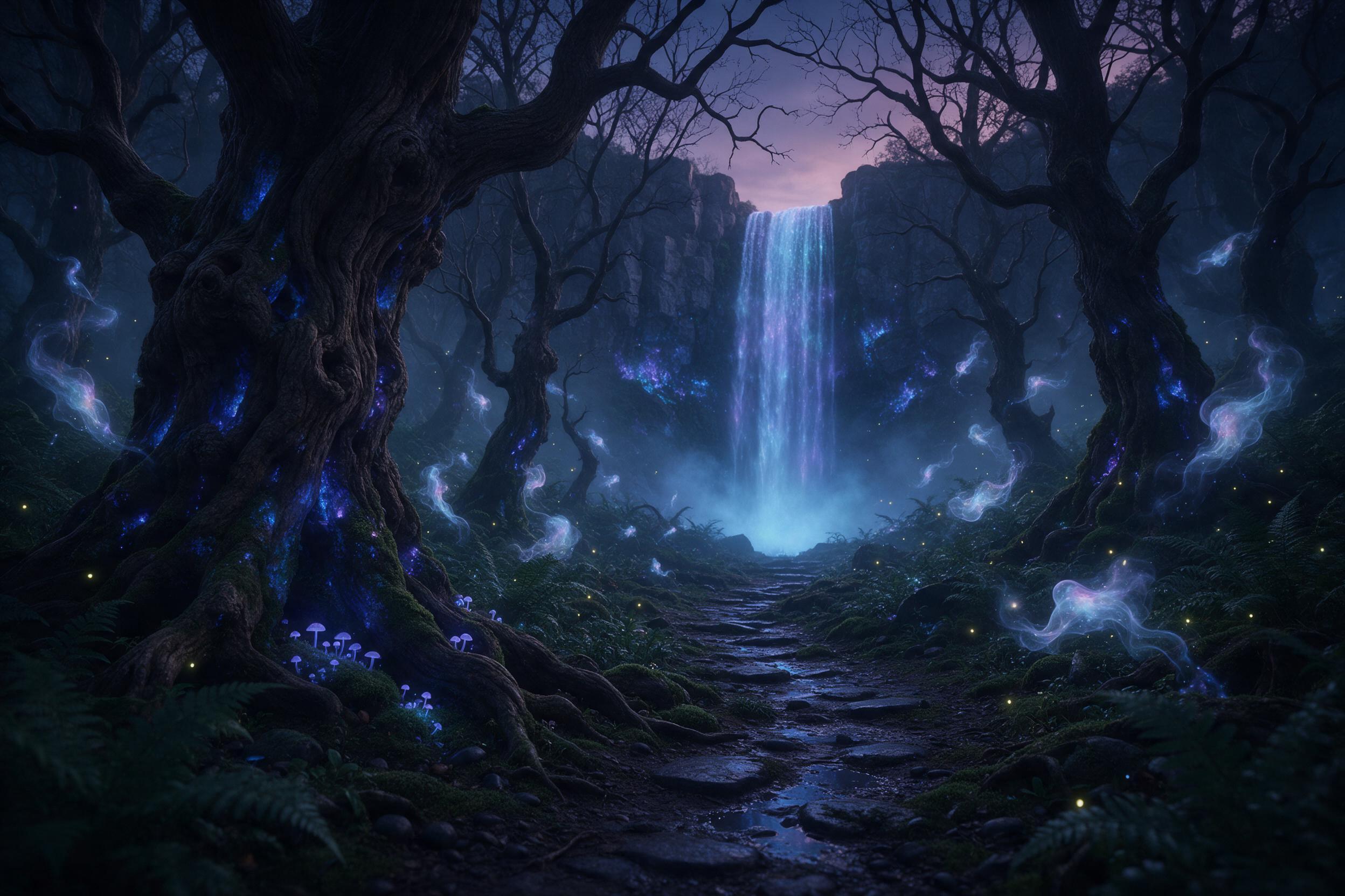 A bioluminescent forest at dusk, where ancient gnarled trees emit soft blue and purple light, with faint glowing spirits drifting between ferns. A narrow, mossy path winds toward a distant, luminous waterfall cascading over jagged cliffs. Low-angle view, light mist in the air, fireflies scattered, t