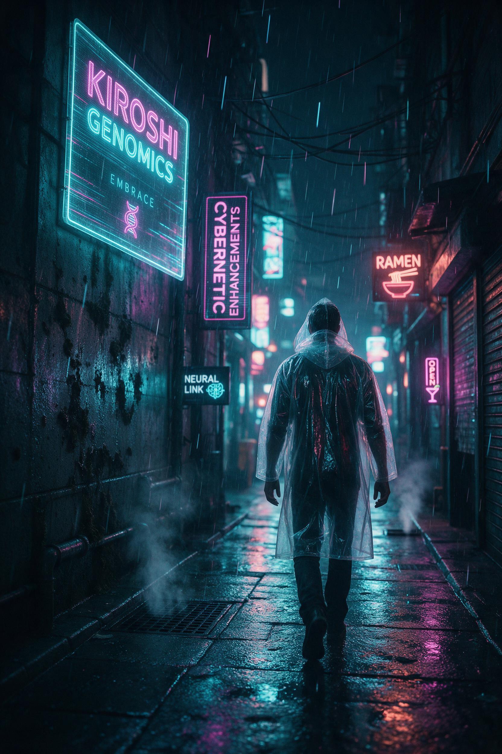 A lone figure in a translucent raincoat walks through a neon-lit cyberpunk alley, holographic advertisements flickering on wet concrete walls, steam rising from vents, rain streaks catching cyan and magenta light, shallow depth of field with soft focus edges, cinematic noir atmosphere