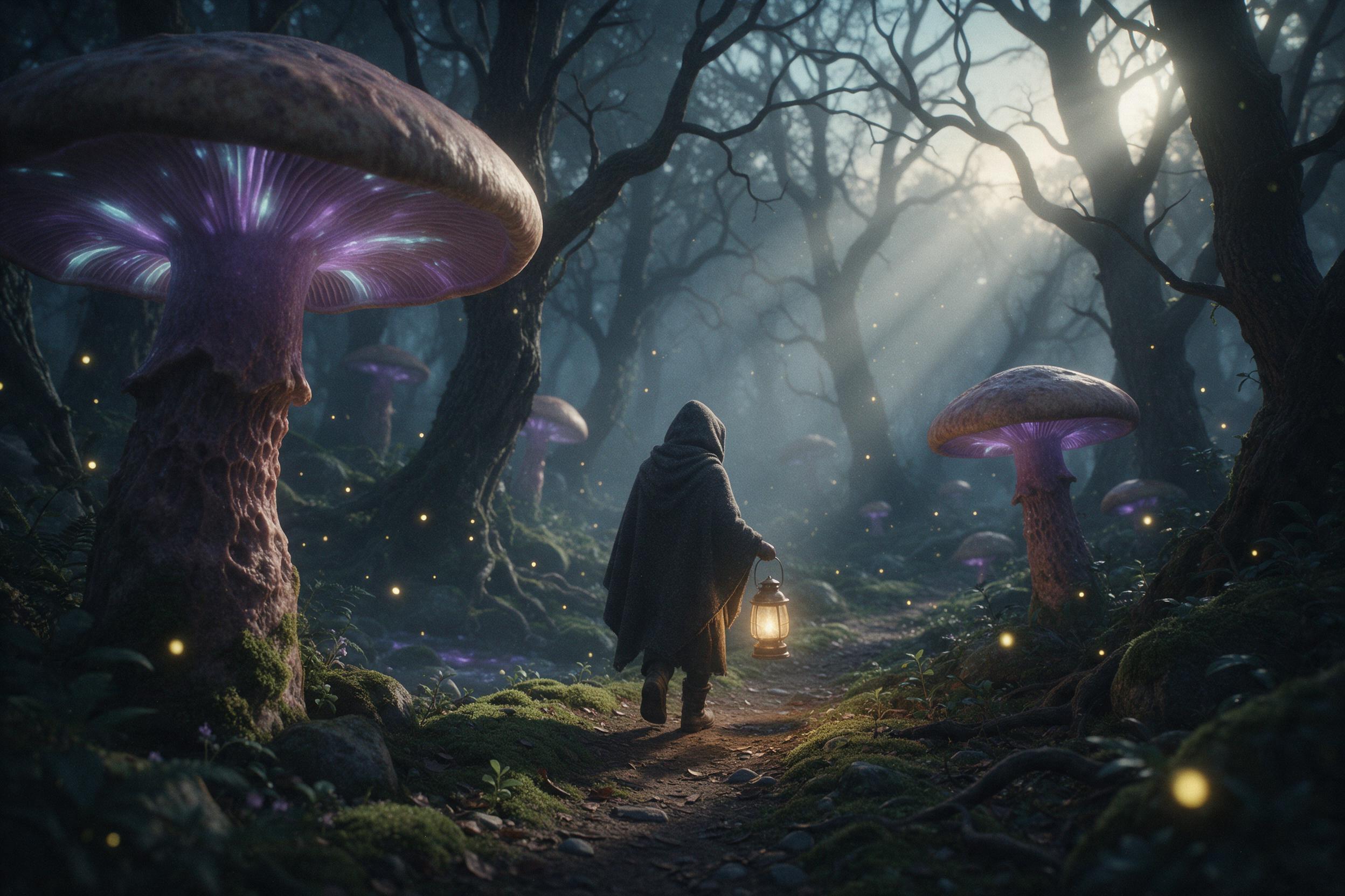 A misty ancient forest at dawn, colossal bioluminescent mushrooms casting soft violet and cyan glow, a tiny hooded figure with a lantern walking a winding mossy path, drifting fireflies, volumetric god rays breaking through twisted branches, cinematic composition, ethereal atmosphere, subtle film gr
