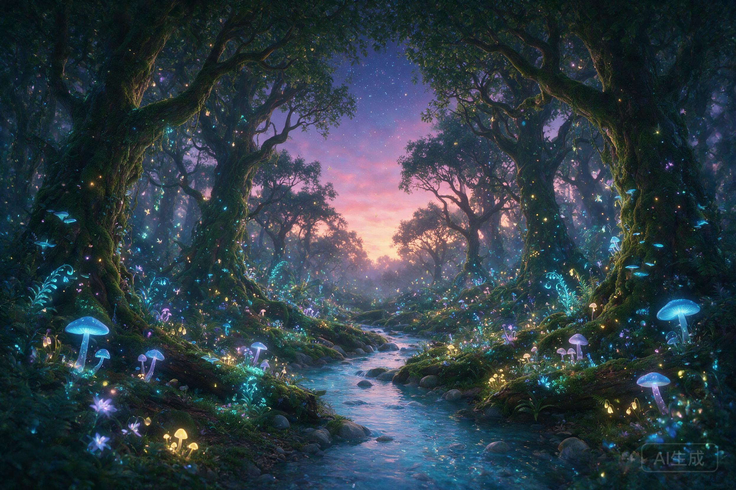A magical forest with glowing mushrooms, bioluminescent plants, tiny fairies floating between trees, twilight colors