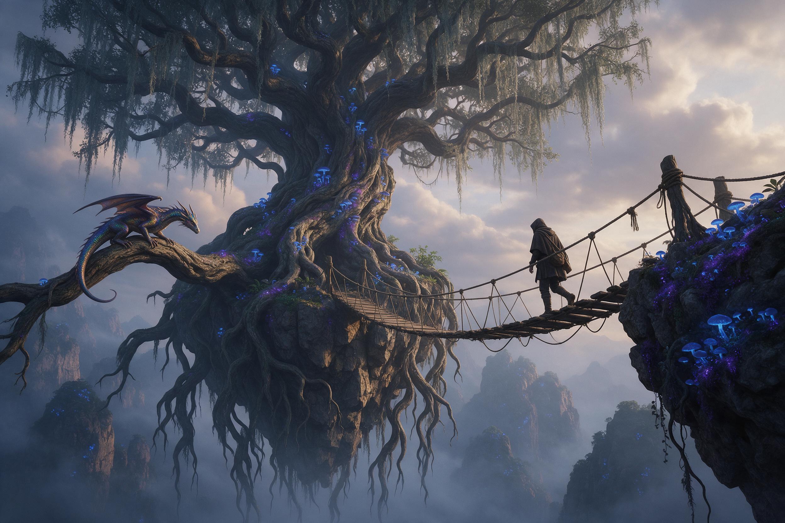 A colossal, ancient gnarled tree stands on a floating island, its roots spilling over the edge like waterfalls. Bioluminescent blue mushrooms and glowing purple moss cover the bark. A small dragon with iridescent scales perches on a branch, observing a solitary hooded figure crossing a rope bridge t