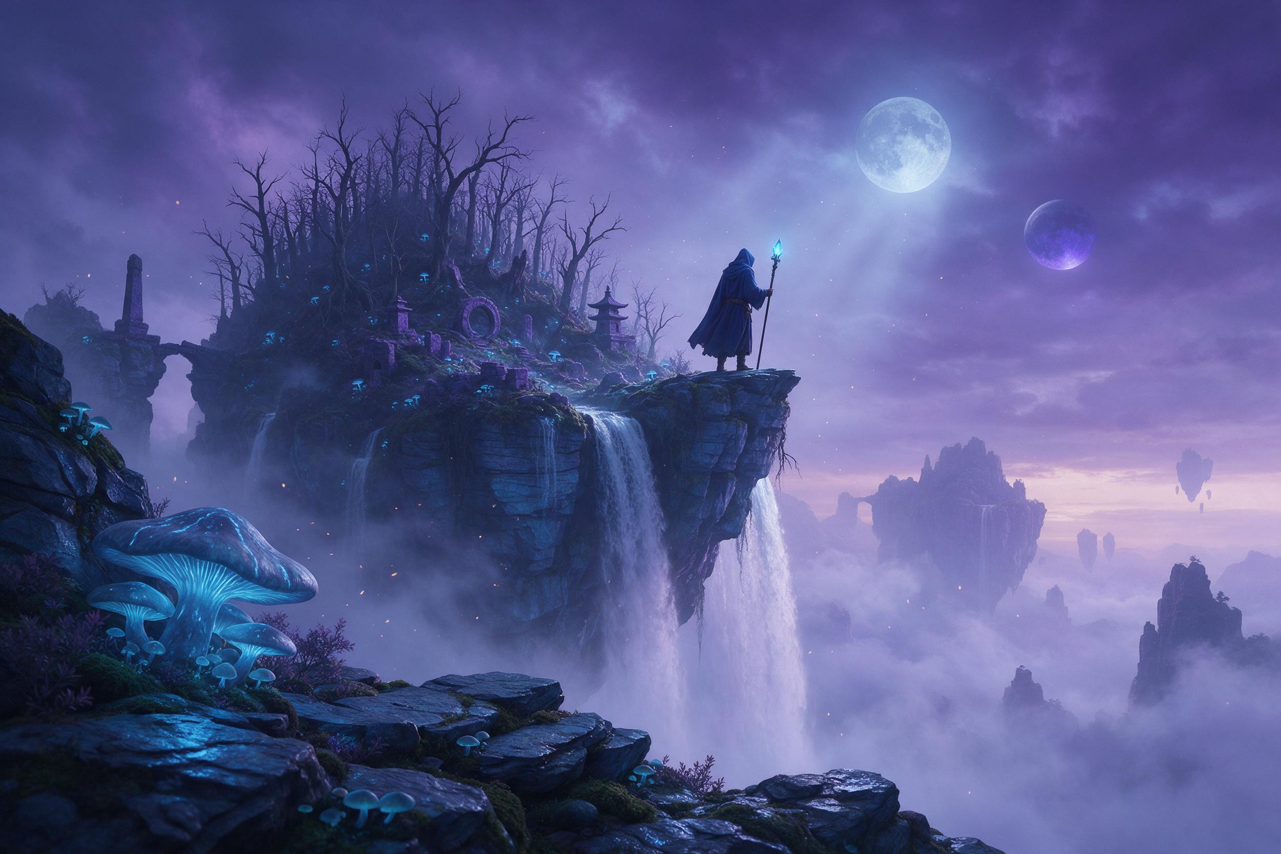 An ancient floating island covered in phosphorescent blue mushrooms, small waterfalls cascading into a misty abyss below. A lone hooded figure with a glowing crystal staff stands at the edge, observing a sky filled with two moons and drifting embers. Cool violet and teal palette, soft volumetric lig