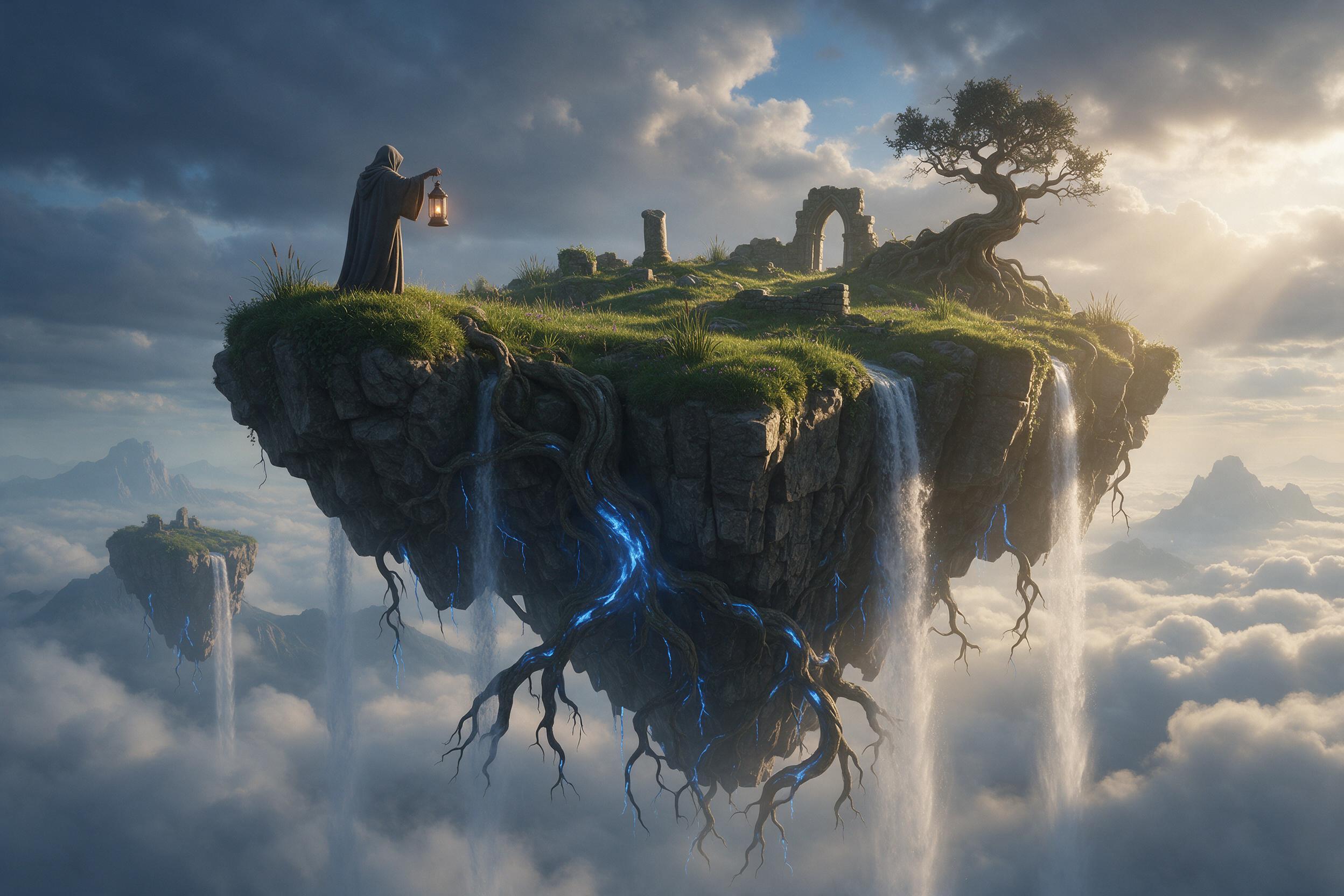 An ancient floating island anchored by glowing blue roots, waterfalls cascading into misty clouds below. Small stone ruins on the grass, a lone robed figure holding a lantern. Soft beam of sunlight piercing through parting clouds, golden rim light on edges. Wide-angle view from slightly below, empha