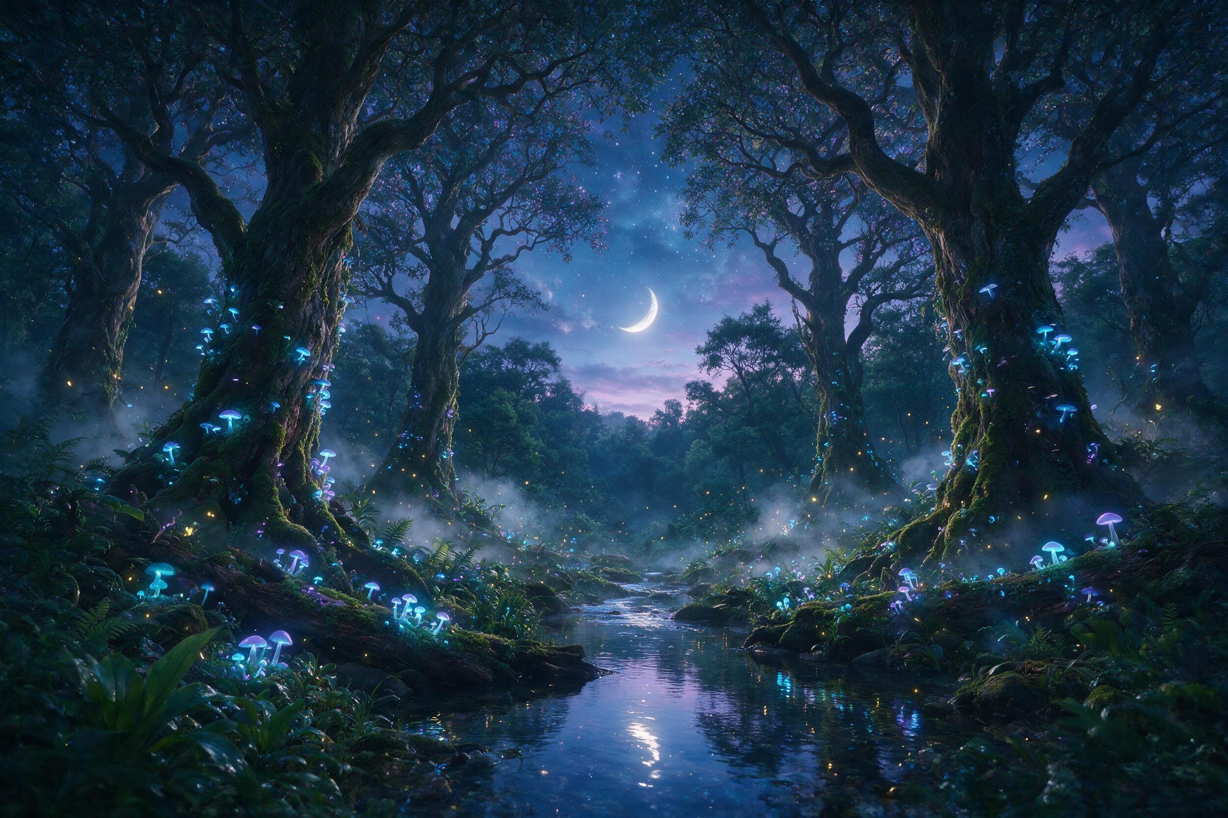 A mystical forest at twilight, towering ancient trees with glowing blue and purple bioluminescent mushrooms, a small stream reflecting the starry sky, soft mist swirling around the roots, warm golden fireflies dotting the air, ethereal composition with depth of field, natural lighting from the moon 