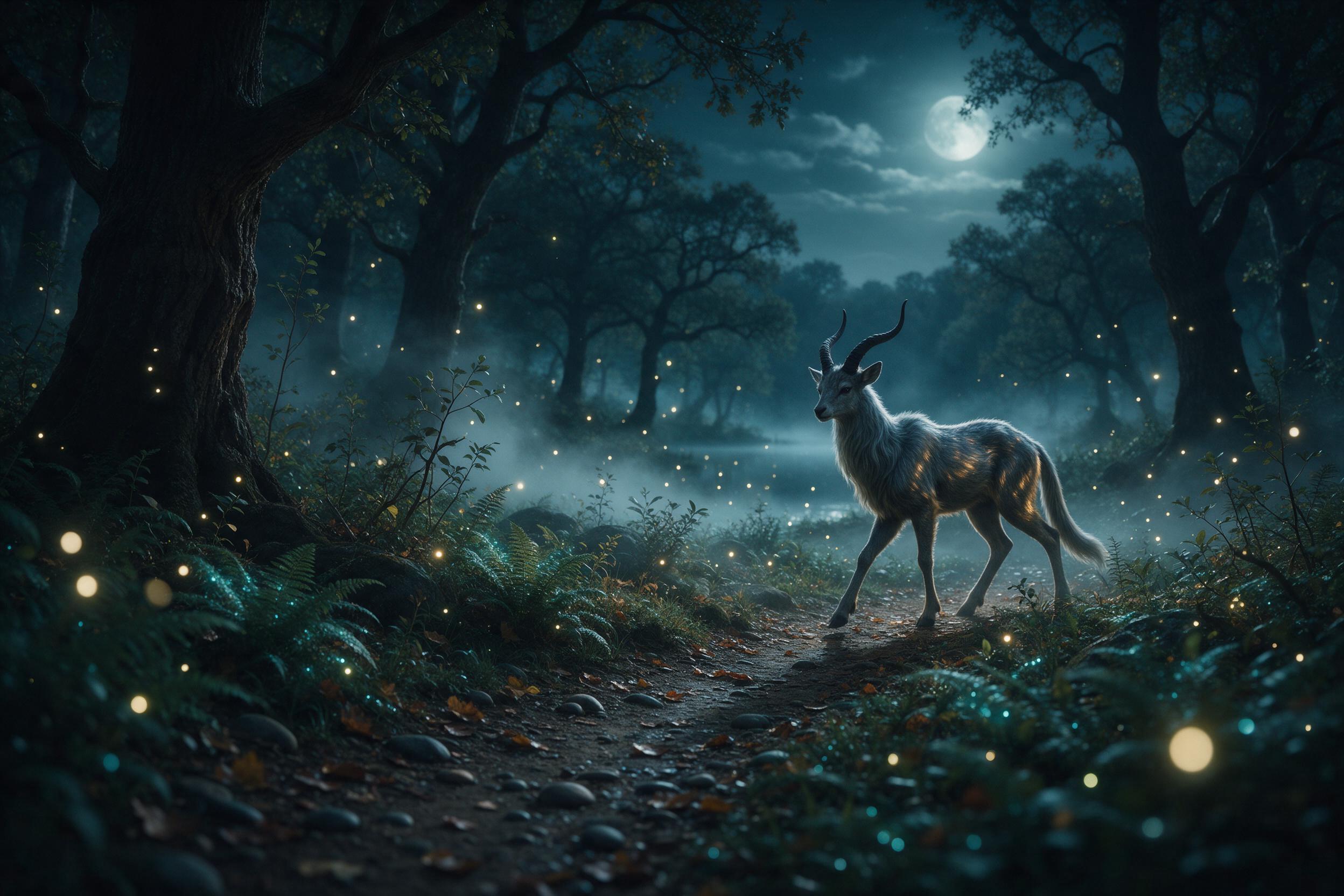A moonlit forest path winding through ancient oaks, glowing blue fireflies dancing among ferns, a mysterious horned creature with silver fur mid-stride, mist curling from a hidden lake, soft ethereal lighting, cinematic composition with the creature as focal point, muted teal and gold palette, sligh