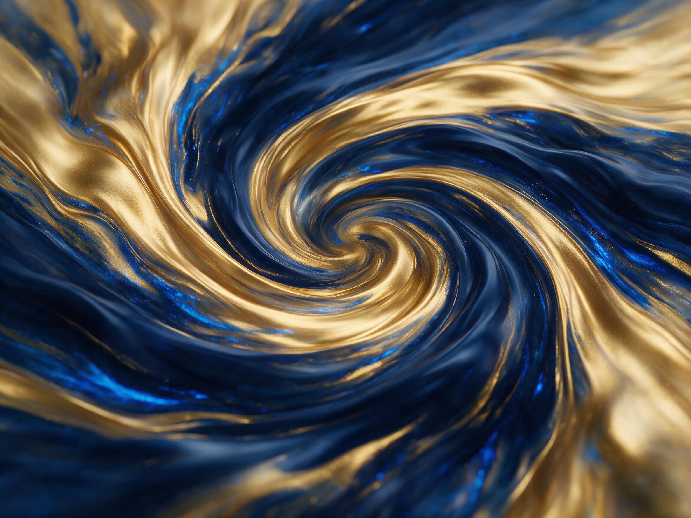A swirling vortex of liquid gold and deep indigo, with streaks of electric blue, shot at a slight tilt, soft ambient light, smooth gradients, minimalist composition, no sharp edges or harsh shadows.