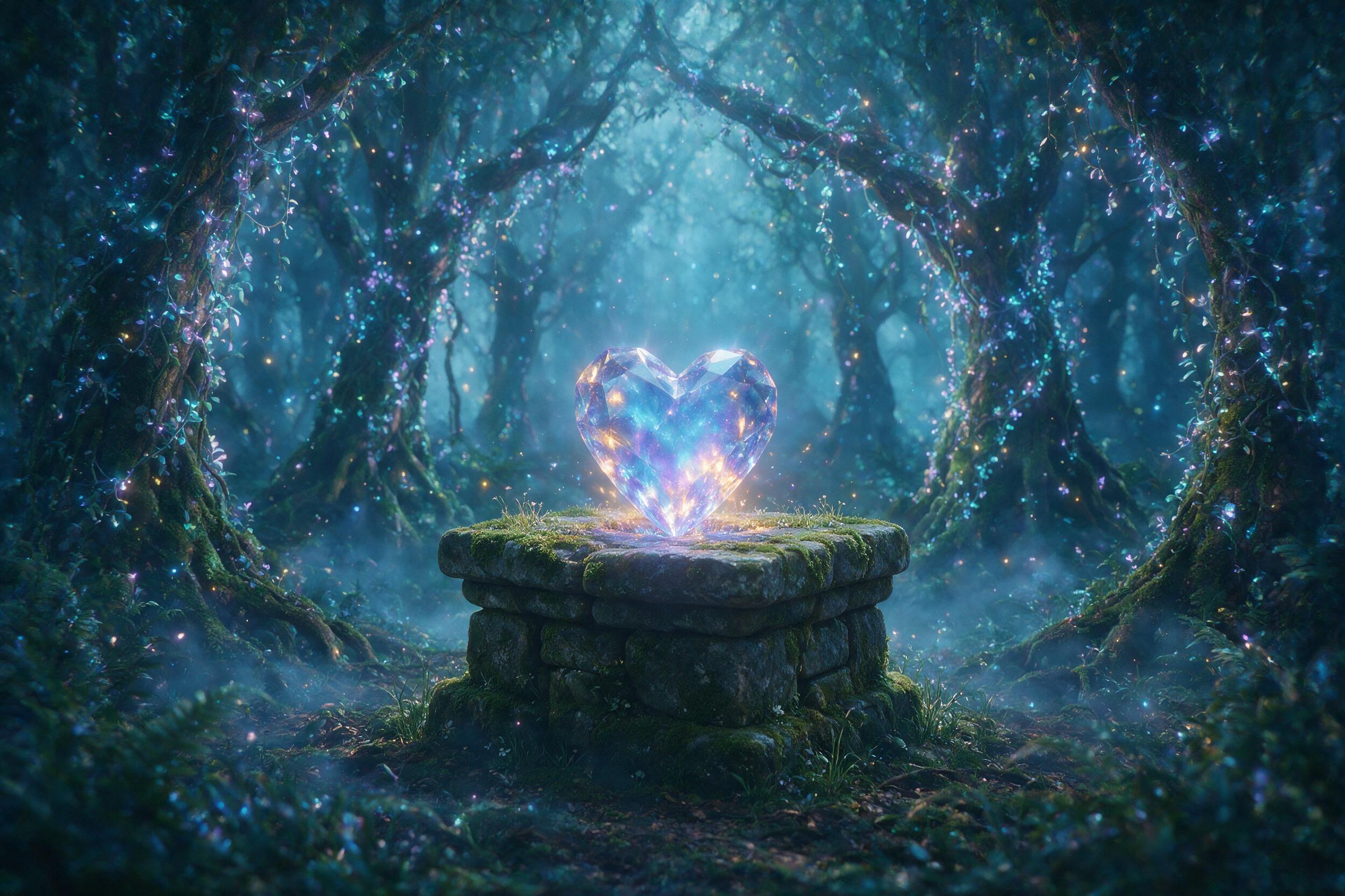 A glowing crystal heart embedded in a moss-covered stone altar, surrounded by ancient trees with bioluminescent vines, soft blue and purple light, mist, ethereal atmosphere, slight camera shake, amber glow