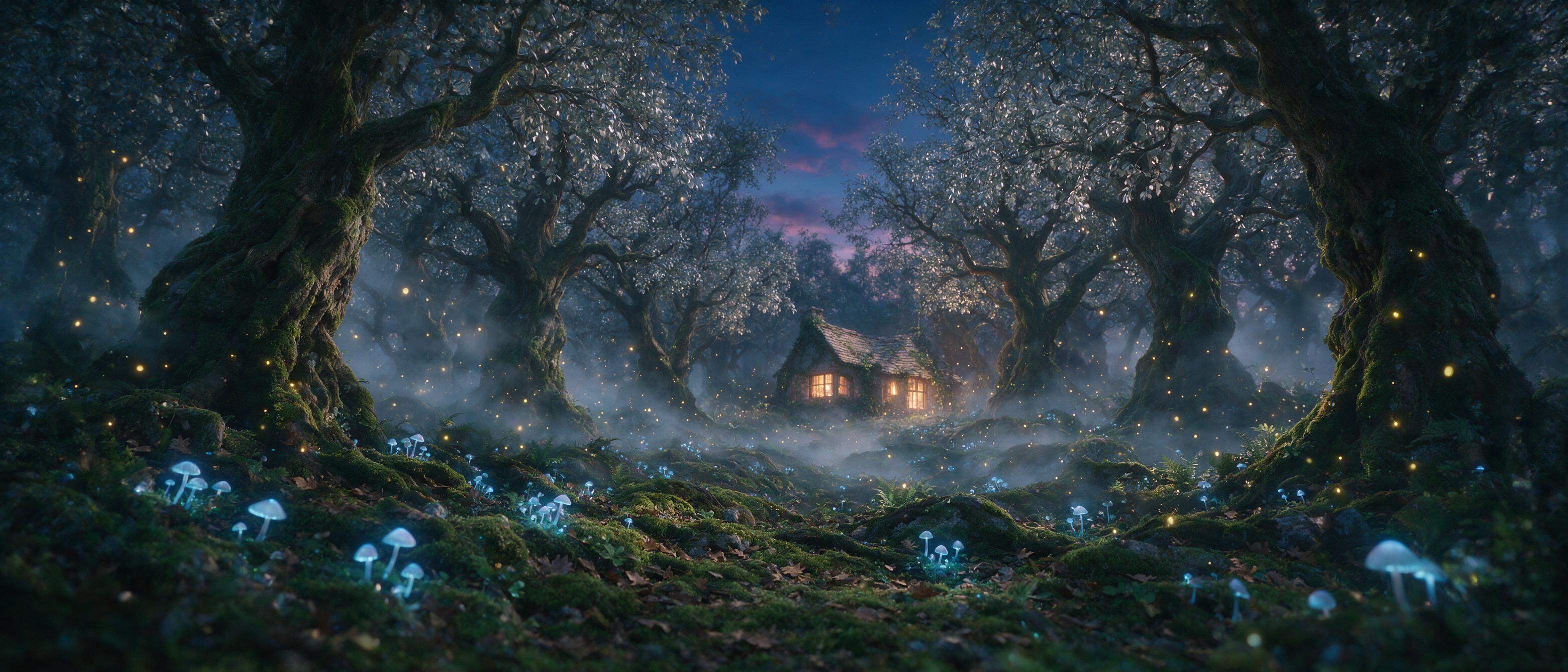 Ethereal forest at twilight, glowing mushrooms casting soft blue light on mossy ground, ancient twisted trees with silver leaves, a faint mist weaving through trunks, fireflies drifting like floating stars, warm amber light from a distant cottage window, soft focus, cinematic composition