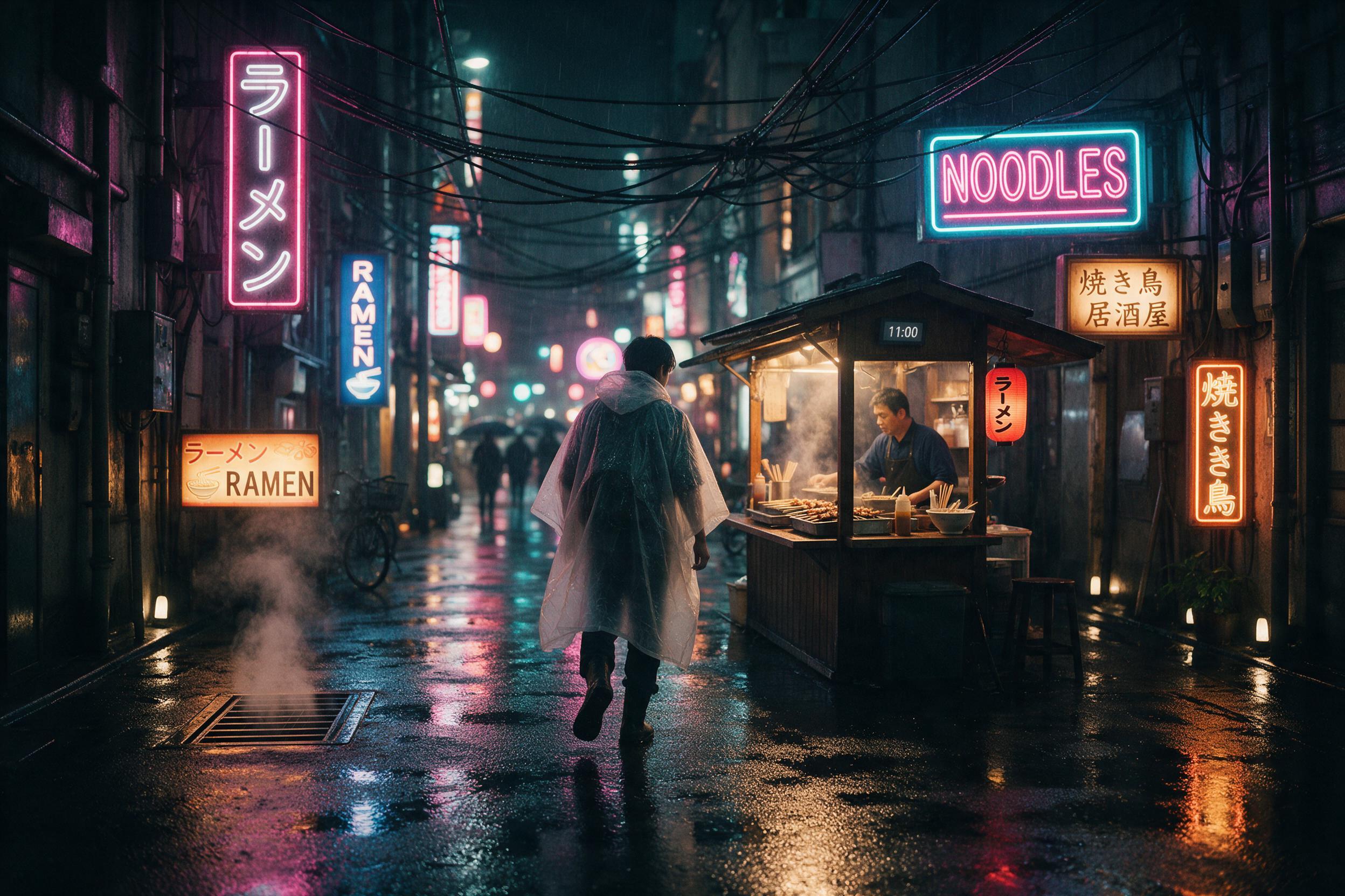 A rain-soaked alley in a dense cyberpunk city, neon pink and cyan reflections on wet pavement, steam rising from vents, a lone figure in a translucent raincoat walking toward a glowing noodle stand, overhead cables and glowing signs clutter the view, shallow depth of field with slight motion blur, m
