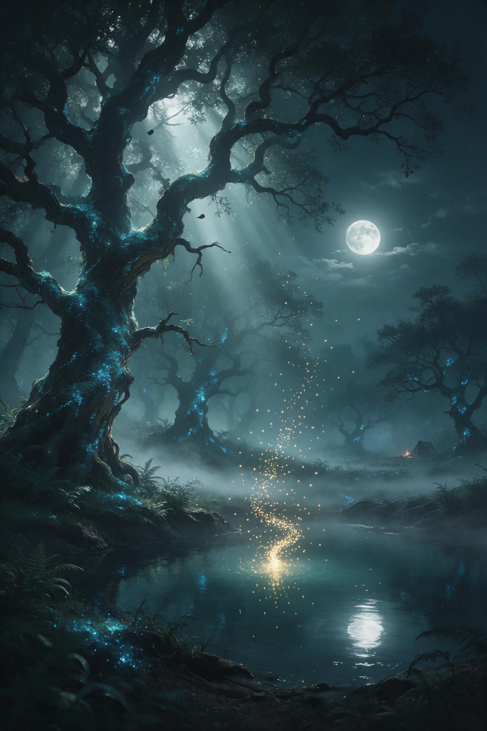 A misty moonlit forest clearing, ancient twisted oaks draped in glowing blue moss, a tiny firefly swarm forming a spiral above a still pond, soft ethereal light rays piercing the canopy, gentle fog rolling low, muted teal and silver palette, painterly brushstrokes, atmospheric depth