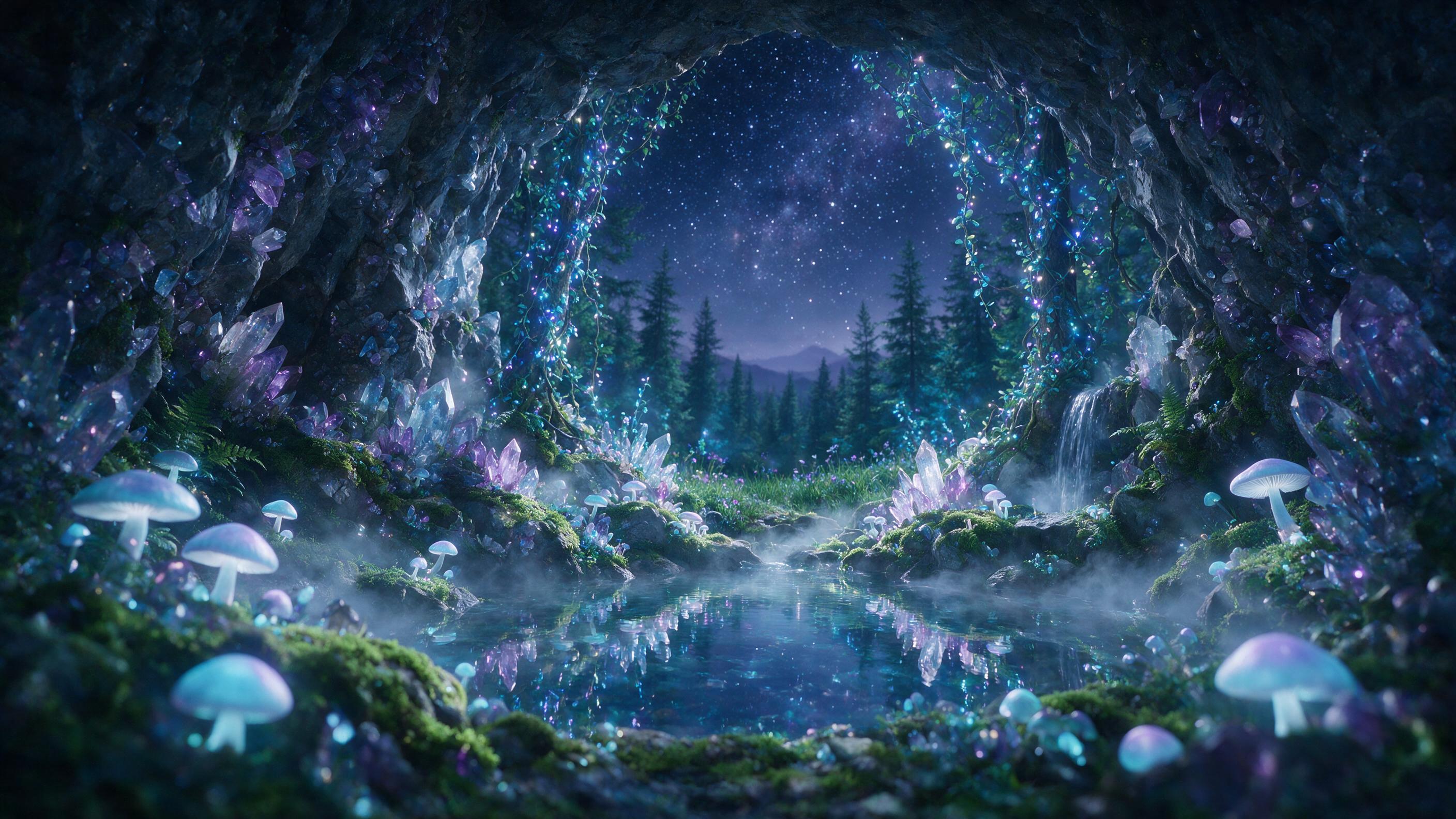 A luminous crystal cave beneath a starry night sky, bioluminescent mushrooms and vines glowing in soft blue and purple hues, a small pool of clear water reflecting the light, ethereal mist swirling, subtle lens flare, cinematic composition with depth of field, natural light from above, shallow focus