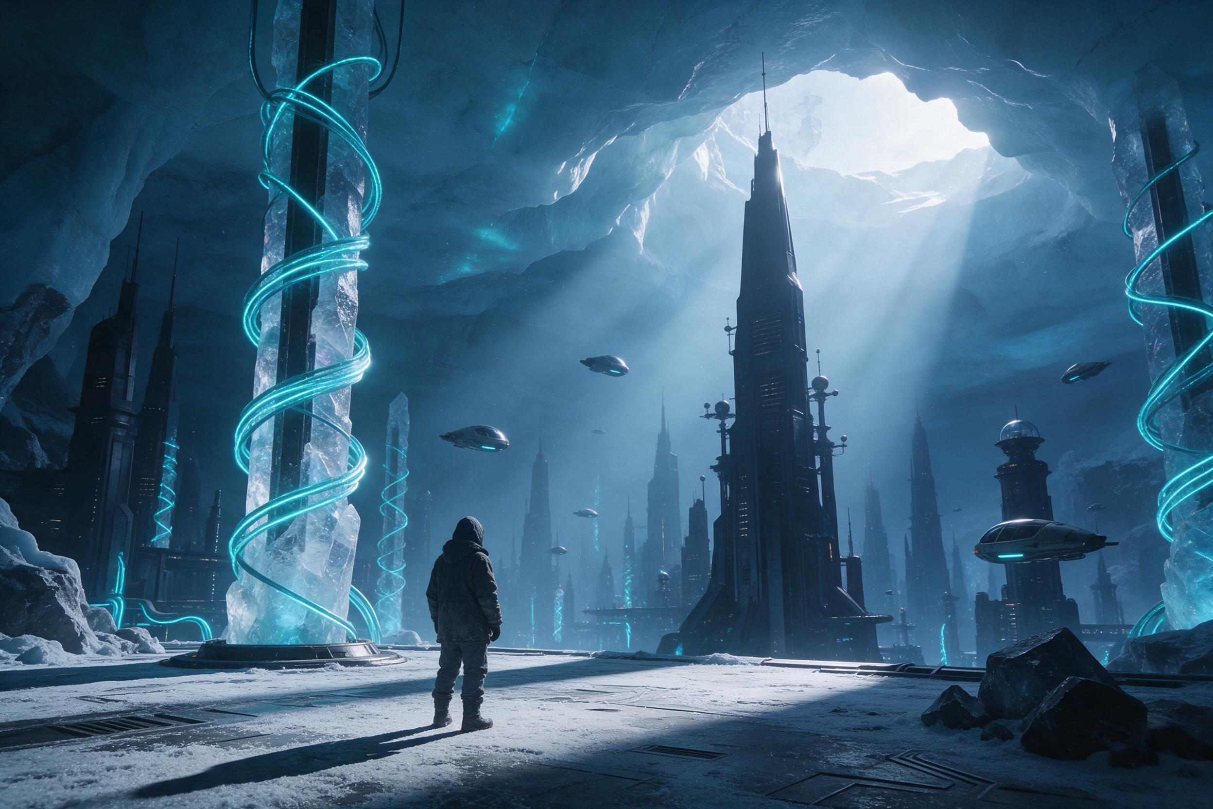 A vast underground city beneath a glacier, illuminated by bioluminescent cyan cables snaking through crystal columns. Hovering transport pods drift between stark black-metal spires. Volumetric light rays pierce the ice ceiling, casting sharp shadows on frost-covered plazas. A lone figure in a worn o