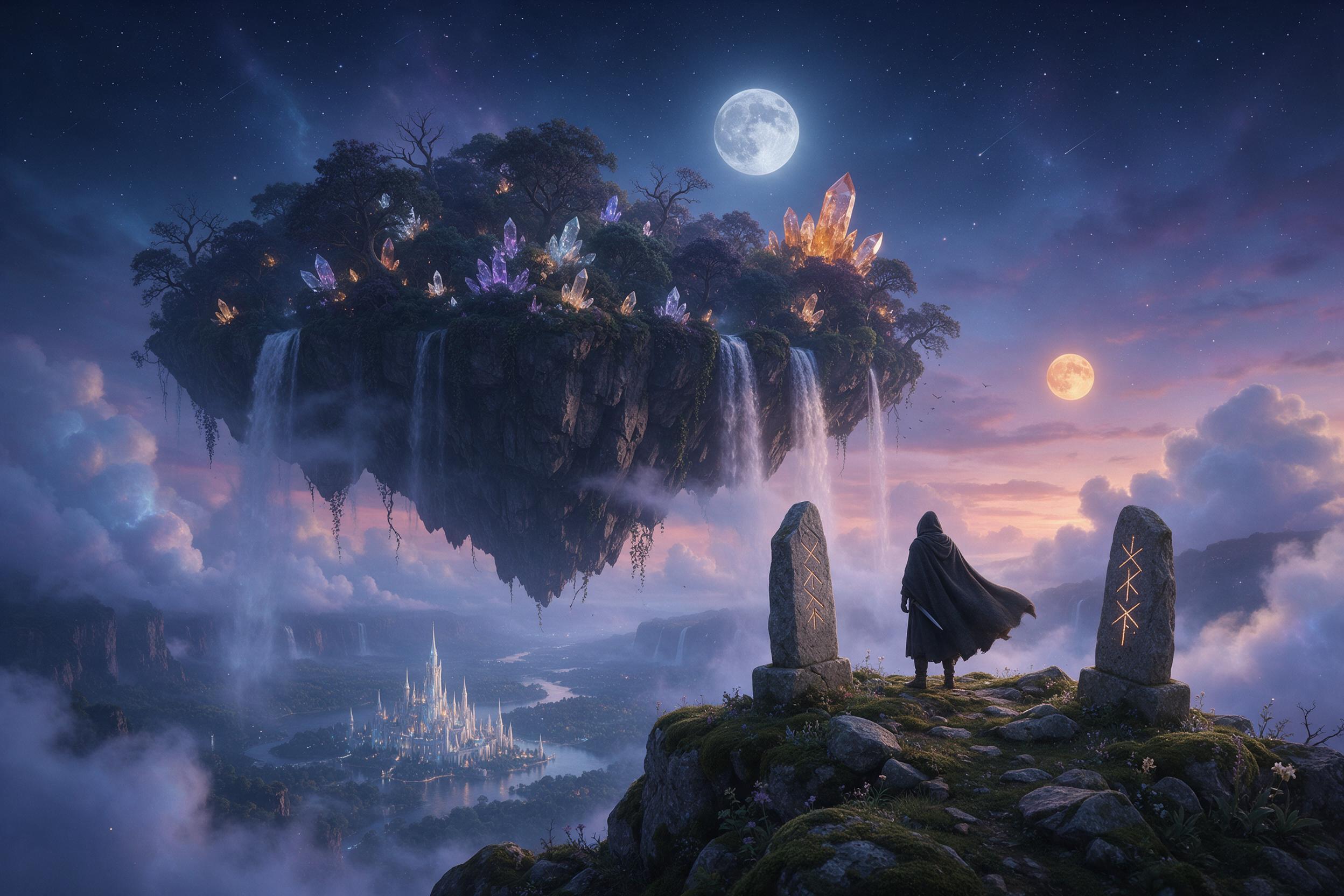A floating island with cascading waterfalls and glowing crystal trees under a dual-moon twilight sky, the larger moon casting silver light and the smaller a warm amber glow. Mist swirls around the edge, catching starlight. A lone figure in a hooded cloak stands on a mossy cliff, overlooking a lumino