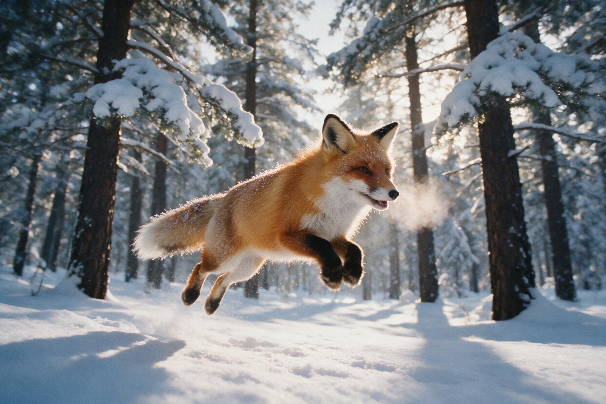 A red fox leaps through a snowy pine forest at dawn, its fur rimmed with frost, breath misting in cold air. Soft golden light filters between trees, casting long blue shadows on pristine snow. Low angle composition, shallow depth of field, slight motion blur on paws, natural grain from medium-format