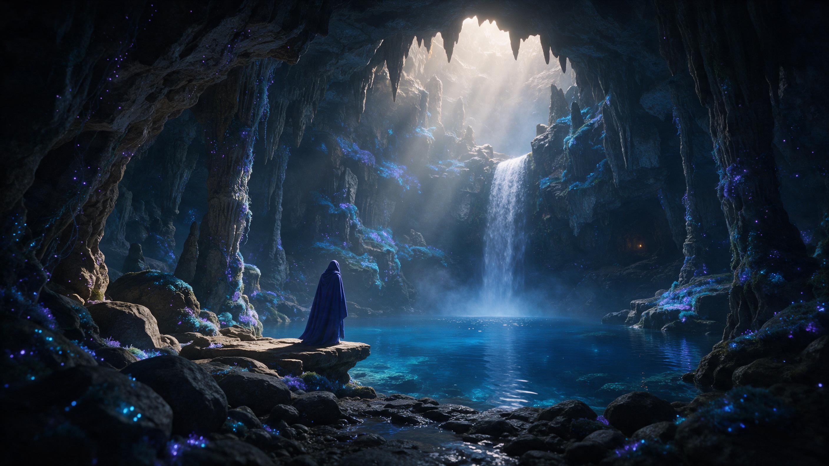 A hidden waterfall cascades into a crystal-clear pool within a bioluminescent cave, glowing blue and purple moss clinging to jagged rocks, ethereal mist rising, a lone figure in a flowing cloak stands on a stone ledge, soft magical light filtering through an opening above, cinematic composition, dre