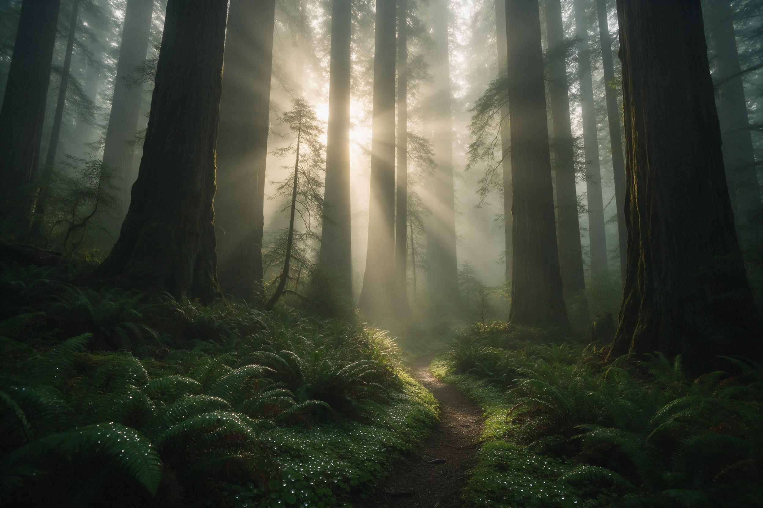 Misty ancient redwood forest at dawn, shafts of golden light piercing through fog, fern-covered ground with dew drops, a narrow winding trail leading into the distance, soft haze, deep greens and earthy tones, serene atmosphere, wide-angle composition