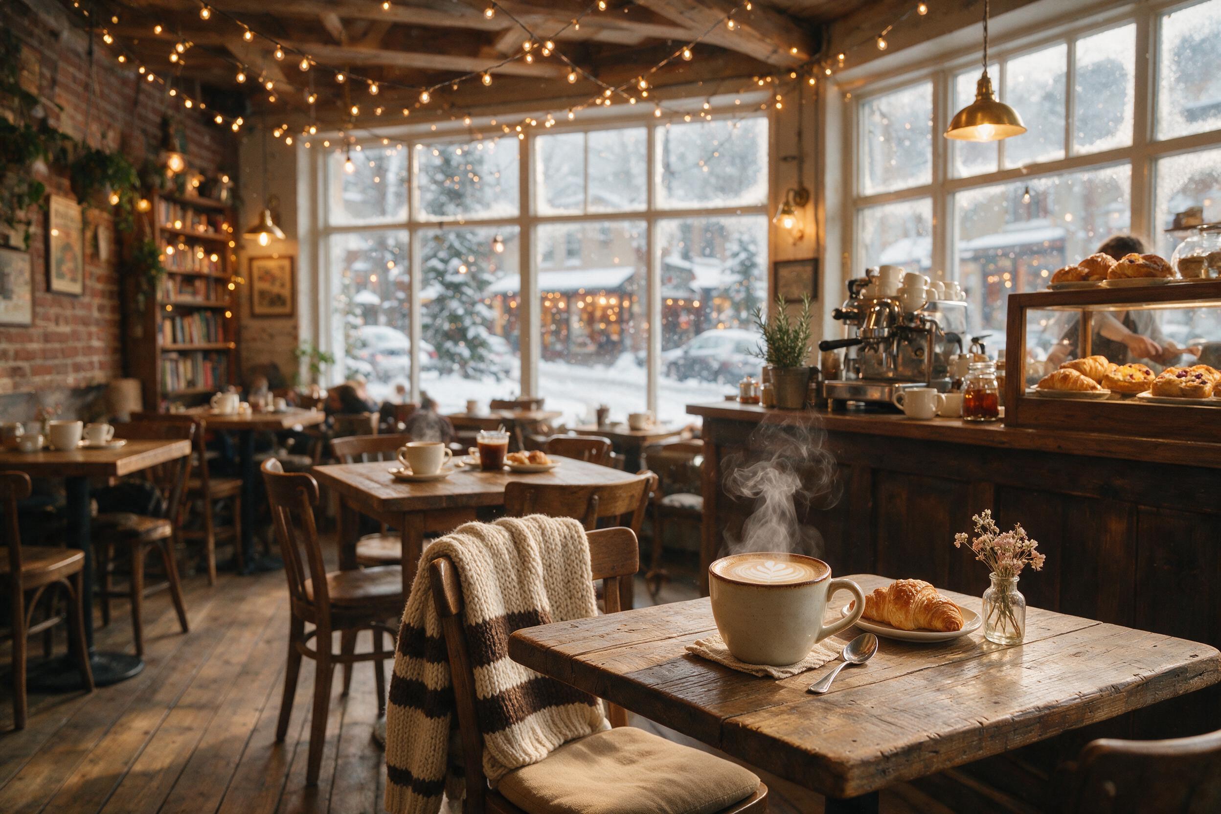 Cozy winter café interior, warm amber string lights above wooden tables, steam rising from ceramic mugs, soft snowfall outside large frosted windows, barista in apron arranging pastries, shallow depth of field with blurred background, natural window light mixing with warm interior lamps, slight grai