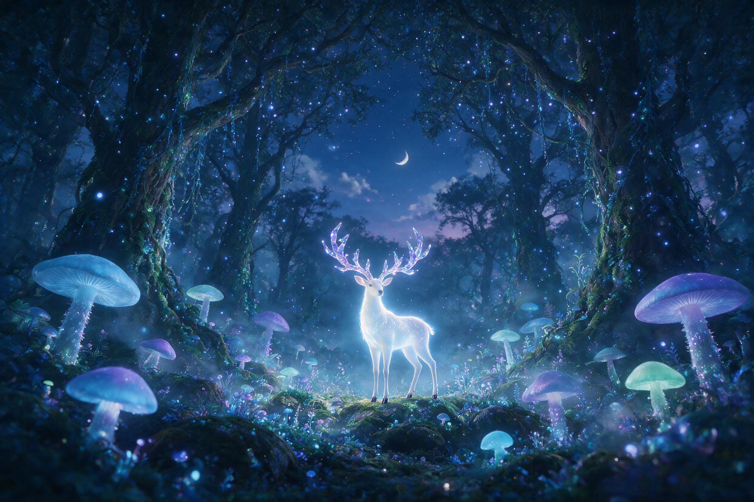 A luminous, bioluminescent forest at twilight, with giant glowing mushrooms and floating orbs of light, a single ethereal deer with antlers of crystal stands in a clearing, mist weaving between ancient trees, soft blue and violet hues, dreamlike atmosphere, slight camera shake for a painterly feel