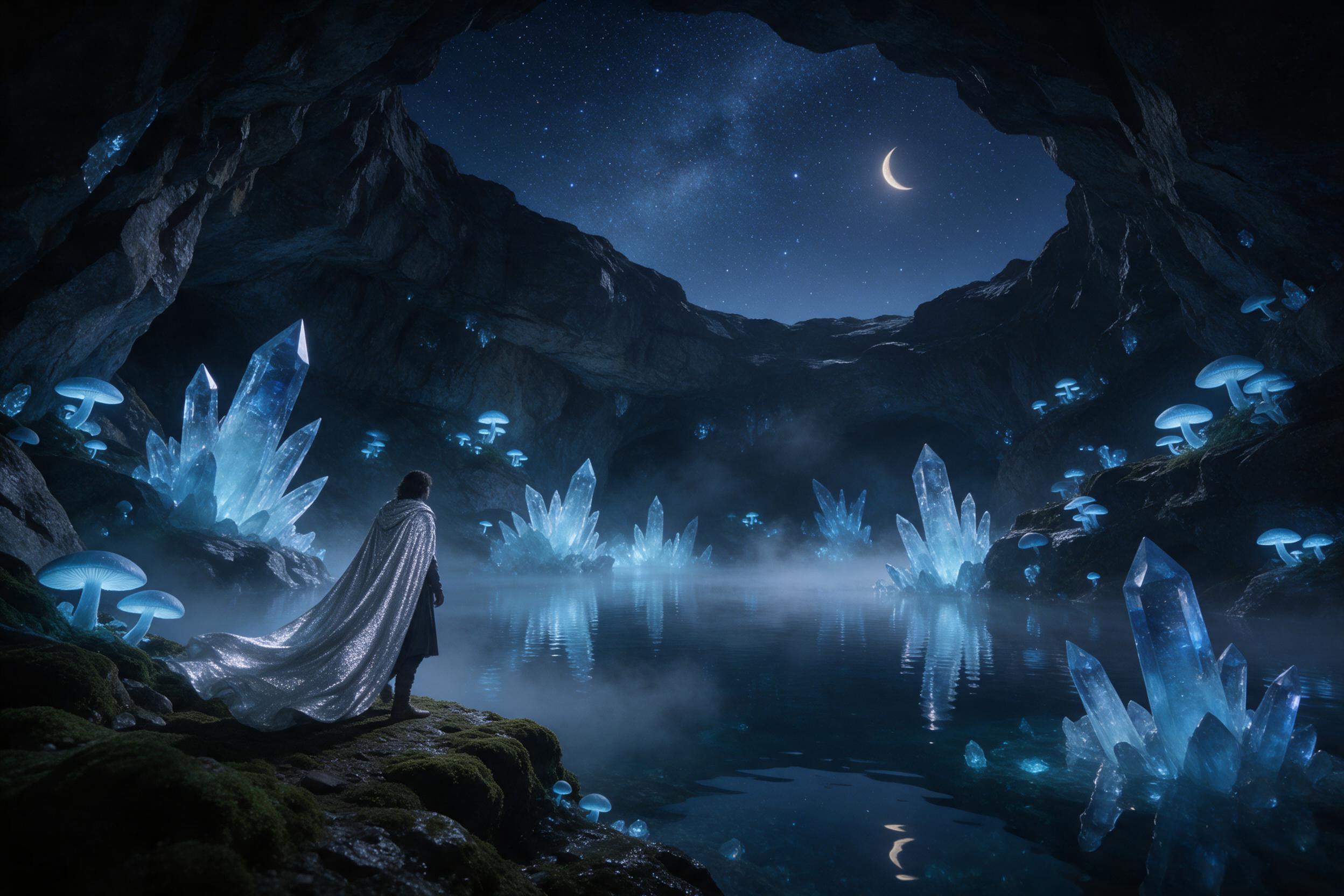 A hidden crystal cavern beneath a starry night sky, glowing blue crystals reflecting on a still underground lake, mist rising from the water, luminescent mushrooms on the rocky walls, a lone figure in a flowing silver cloak standing on a mossy ledge, soft cyan light cast by the crystals, deep shadow