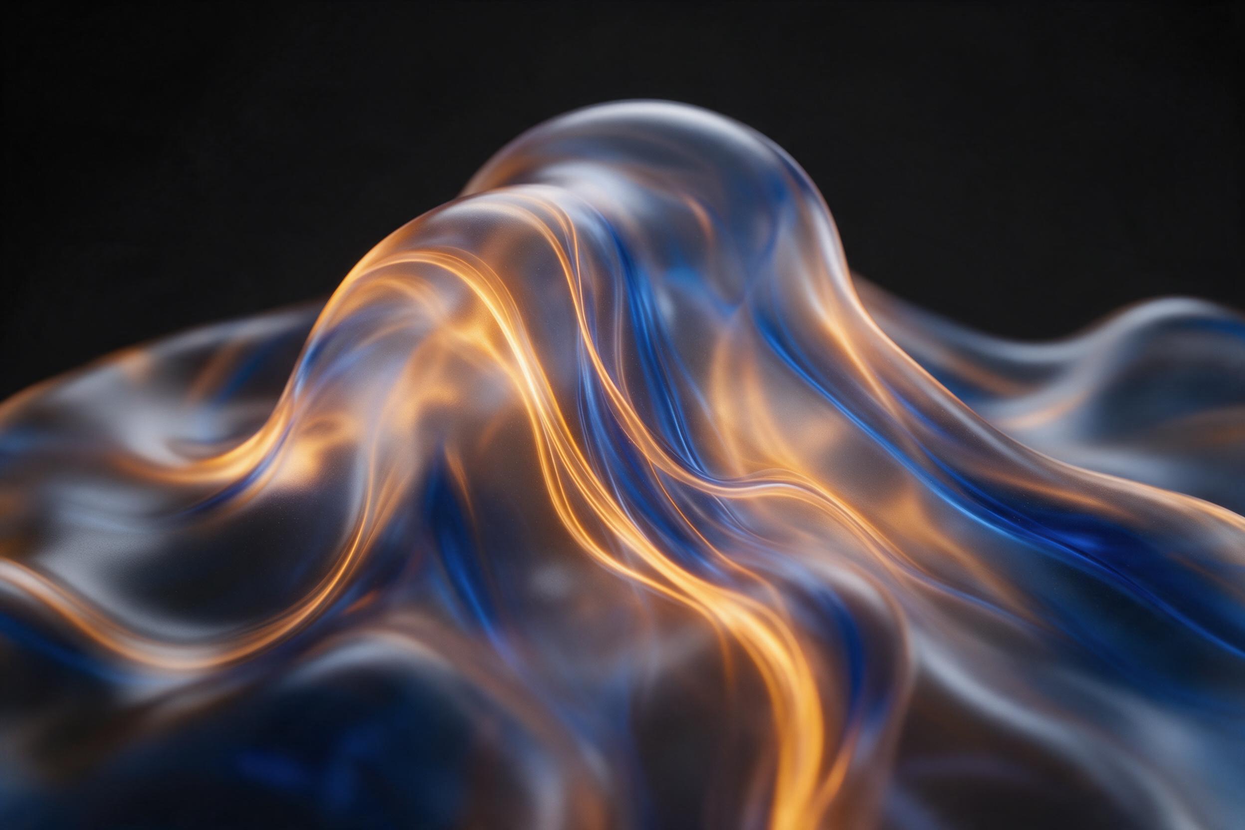 A minimalist composition of flowing molten glass, glowing amber and cobalt blue veins weaving through a matte black void, soft diffused studio lighting, gentle reflections, smooth curves, subtle depth of field, elegant and serene.