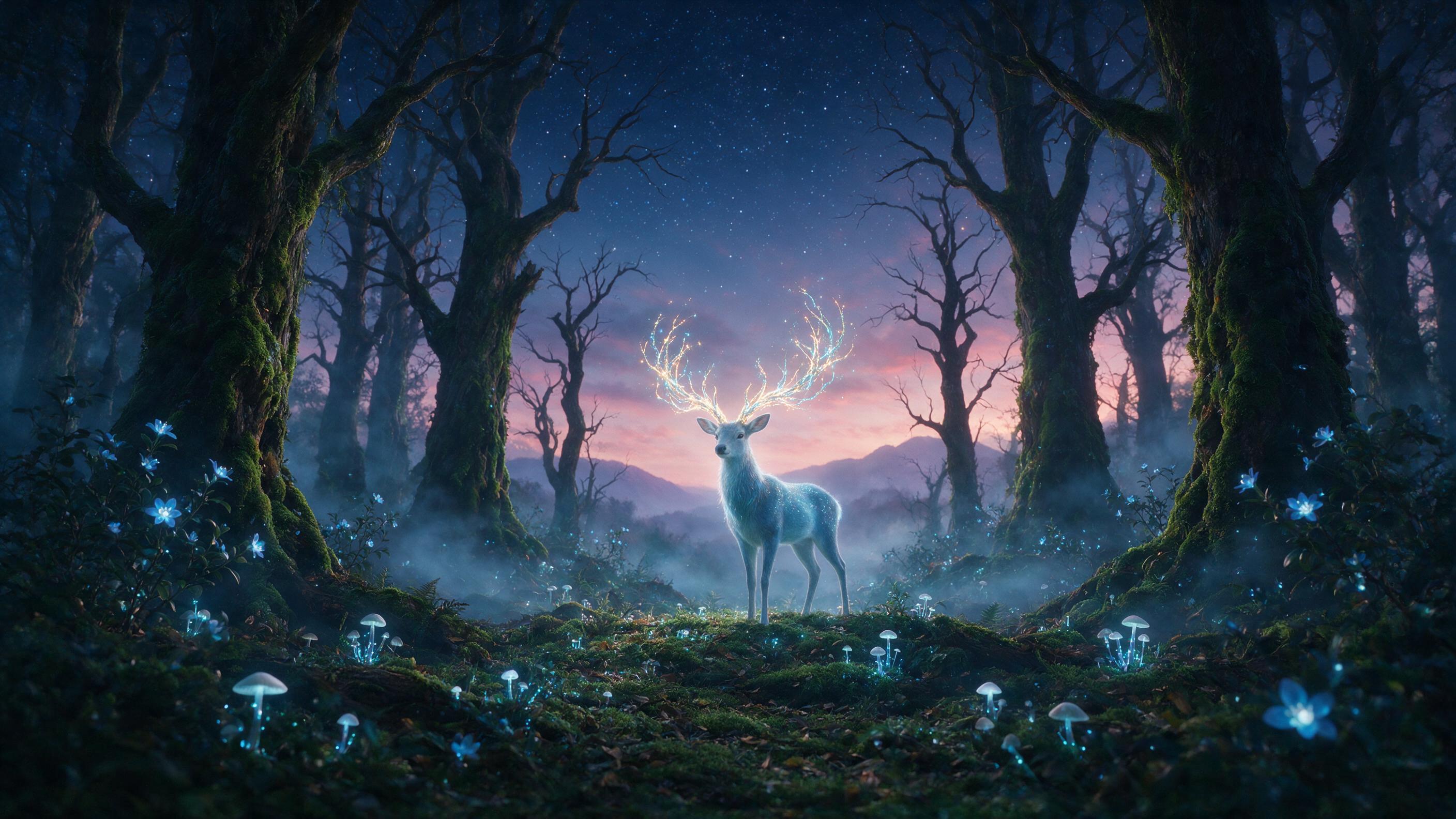 A luminous forest at twilight, bioluminescent mushrooms and glowing blue flowers dotting the mossy ground, a single ethereal deer with antlers of woven light stands in a clearing, soft mist weaving between ancient gnarled trees, distant purple mountains under a star-speckled sky, cinematic lighting 