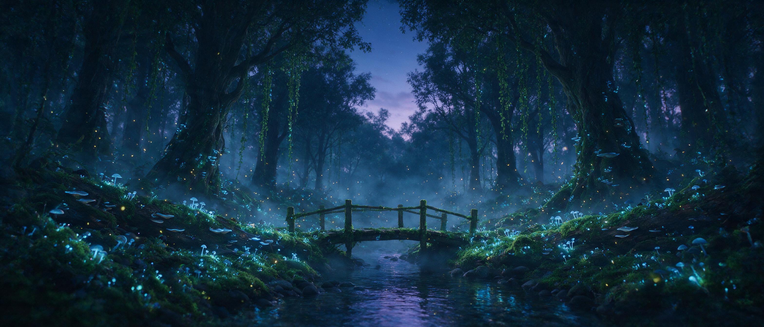 A misty bioluminescent forest at twilight, glowing mushrooms and hanging vines casting soft blue light, a small wooden bridge over a creek, fireflies drifting, gentle fog, cinematic composition, deep shadows, natural grain