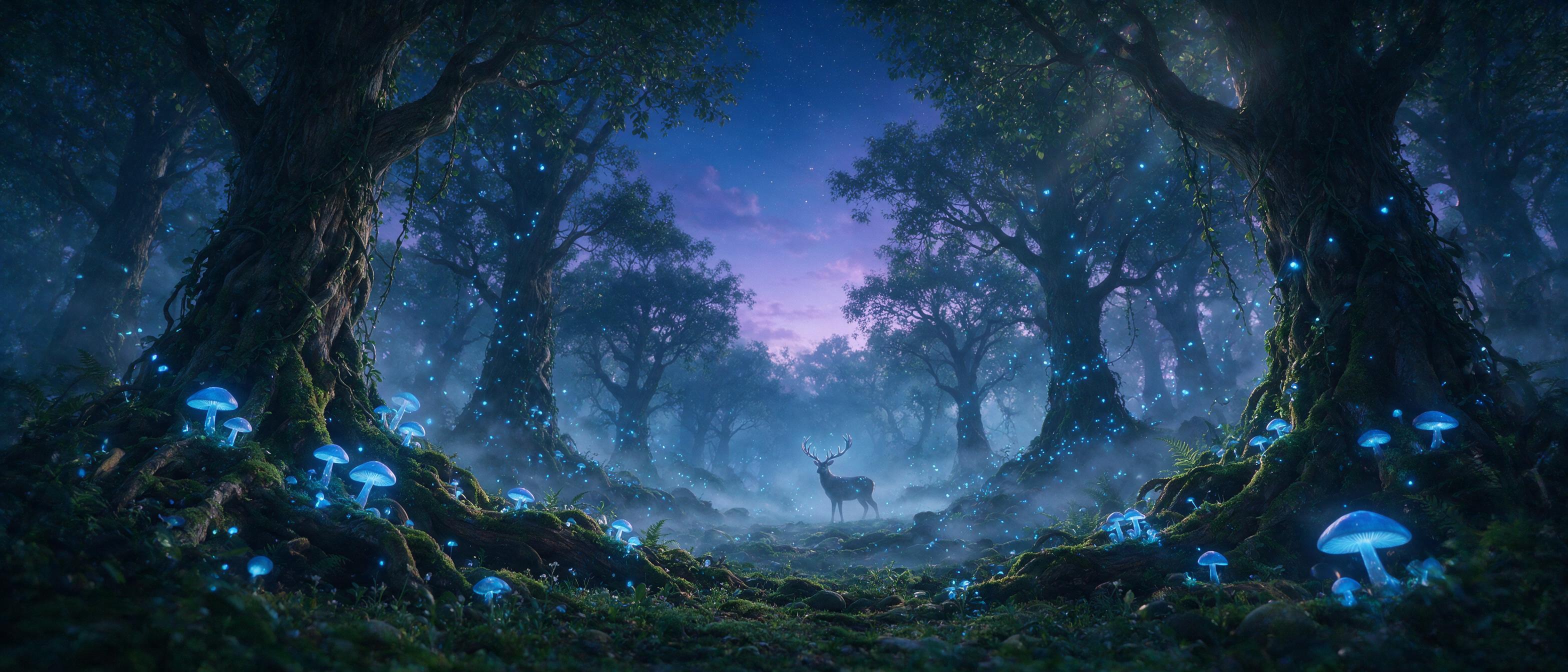 A luminous forest at twilight, glowing mushrooms and floating fireflies casting soft blue light on mossy roots, ancient tree trunks wrapped in vines, mist swirling between branches, a lone deer with antlers glowing faintly, subtle lens flare, ethereal atmosphere