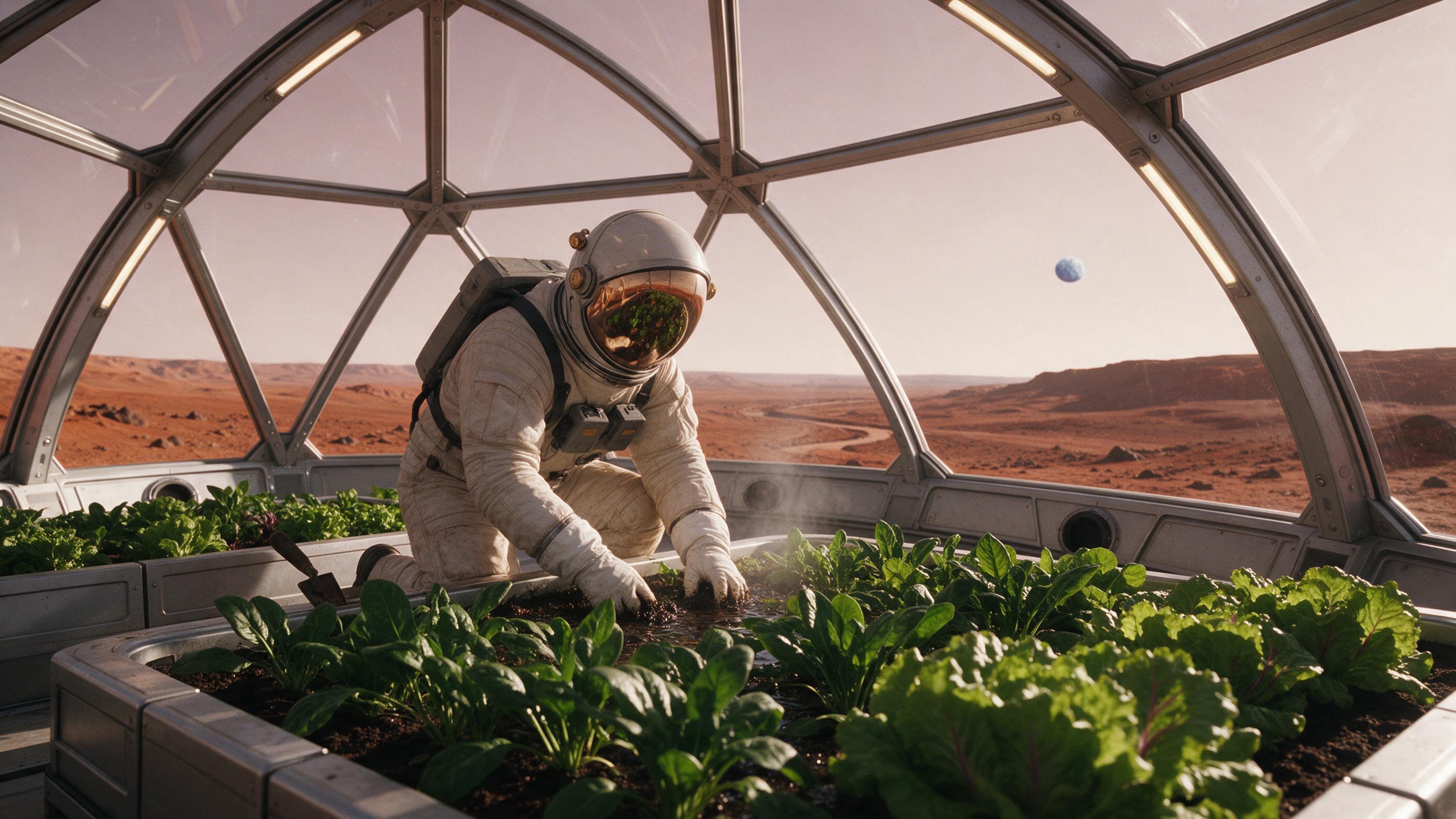 A lone astronaut tending a greenhouse on Mars, Earth visible through dome, hopeful atmosphere, vivid colors