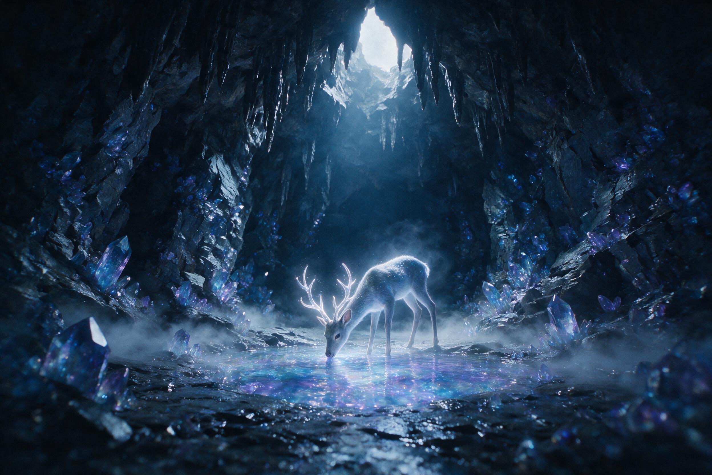 A moonlit crystal cavern, glowing blue and violet crystals jutting from wet stone floor, a small ethereal deer with antlers of light drinks from a shimmering pool, soft mist, deep shadows, cool color palette, cinematic composition from low angle, subtle grain