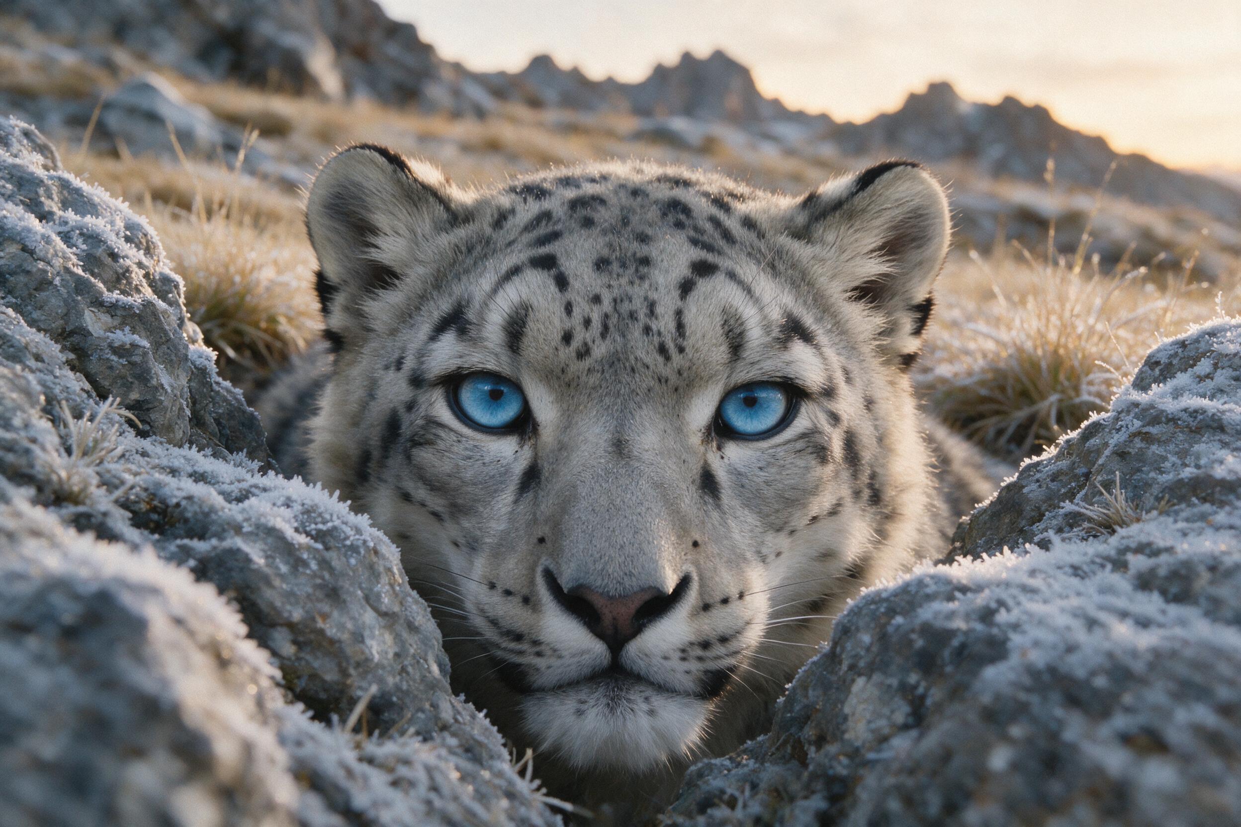 A close-up of a snow leopard's face, its piercing blue eyes gazing directly into the lens, fur texture visible in the soft golden hour light of a high-altitude Himalayan meadow, blurred background of distant rocky peaks, slight grain, natural framing by frost-covered rocks