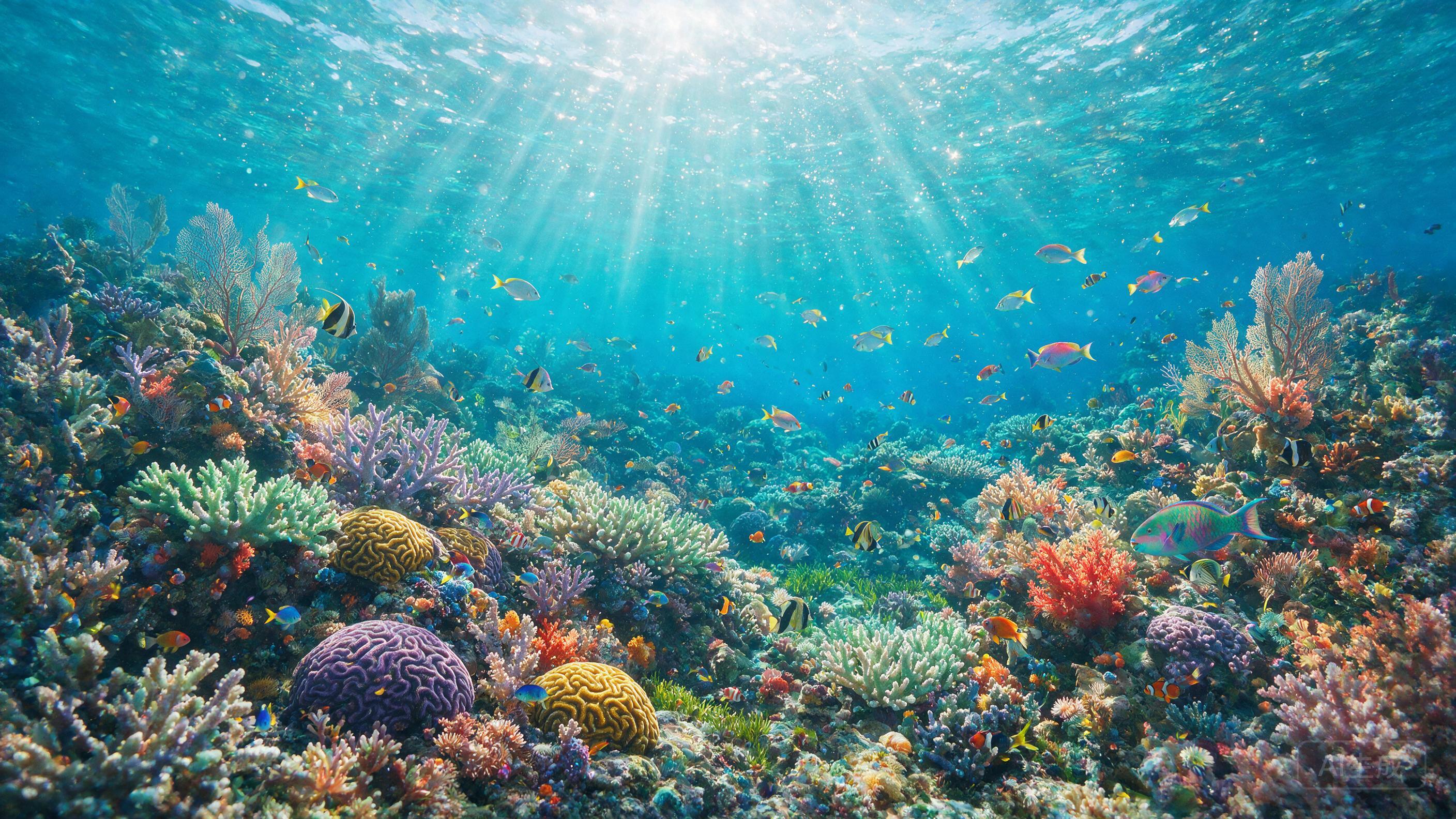 Underwater coral reef teeming with colorful fish, sunbeams penetrating through crystal clear water, vibrant marine ecosystem