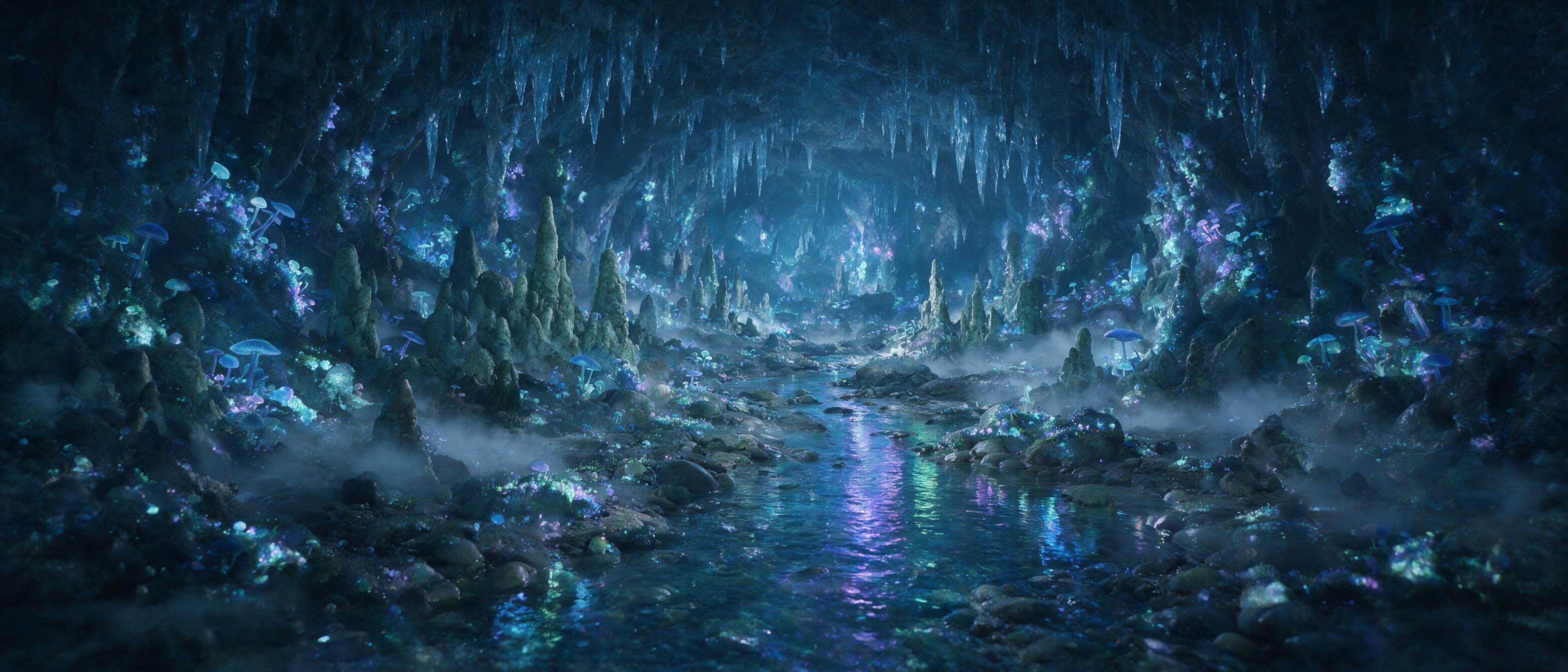 A glowing crystal cavern deep underground, bioluminescent moss and fungi lighting the scene, a small stream of water reflecting the blue and purple light, mist rising from the ground, soft shadows, ethereal atmosphere, cinematic composition
