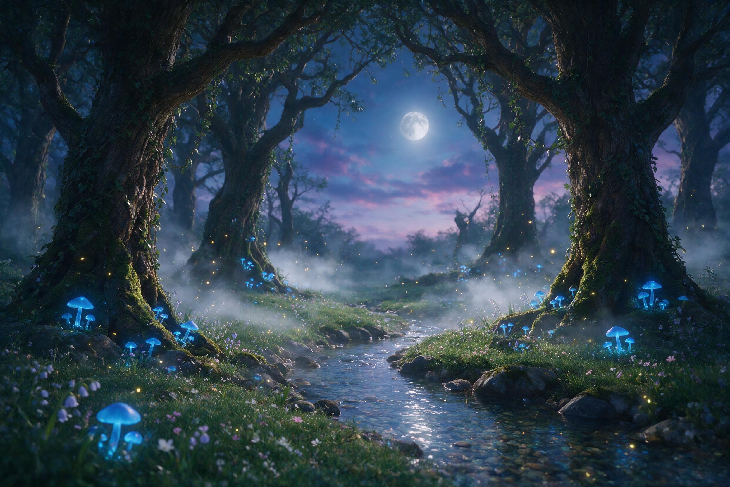A luminous moonlit forest clearing with glowing blue mushrooms and a silver stream winding through ancient gnarled trees, soft mist swirling, fireflies drifting, magical atmosphere, shallow depth of field, twilight colors, ethereal lighting.