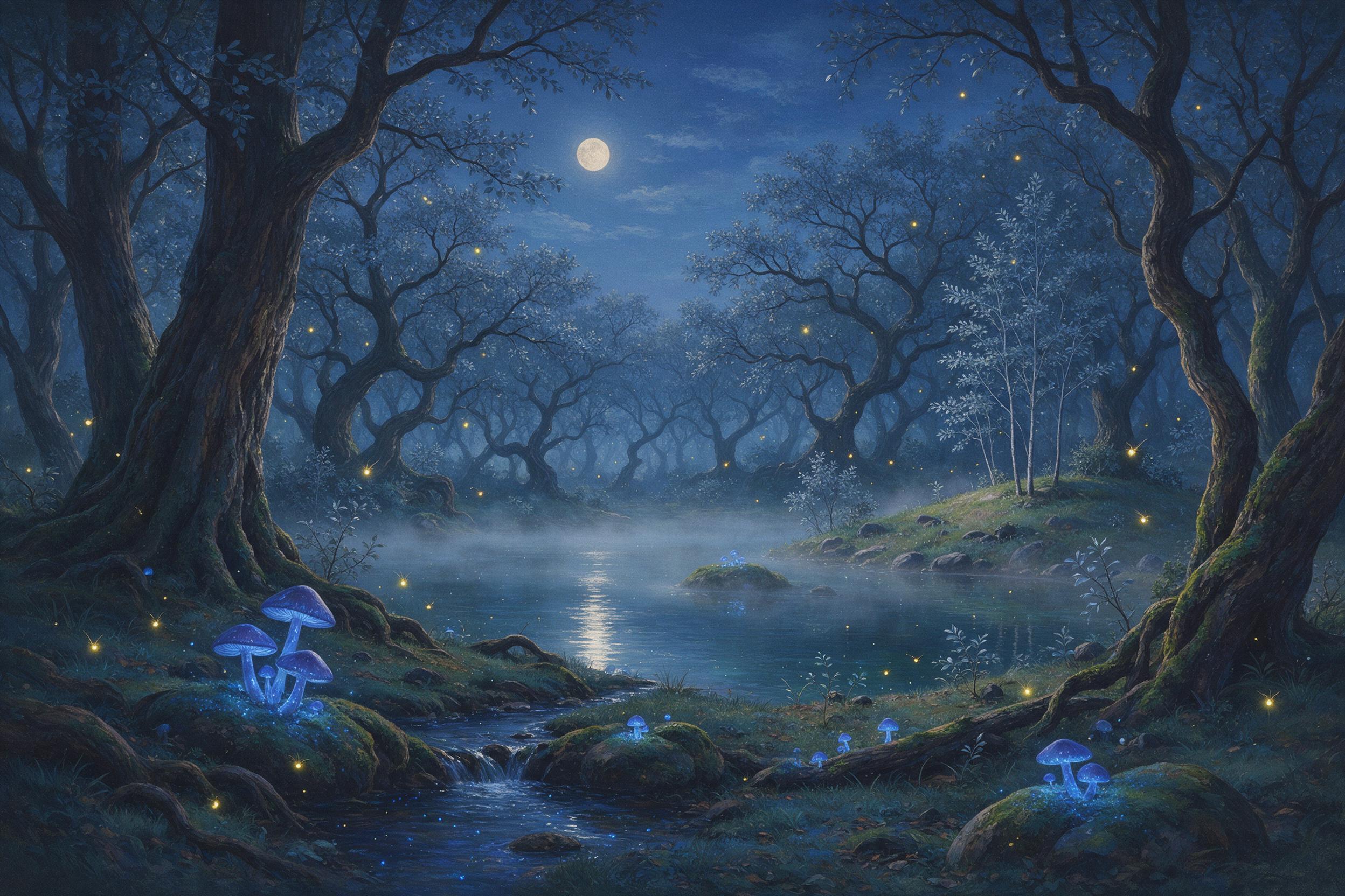 An enchanted forest clearing at dusk, glowing blue mushrooms and floating fireflies, a misty pond reflecting the pale moon, ancient twisted trees with silver leaves, soft ambient light, dreamy atmosphere, painterly texture, calm and whimsical mood.