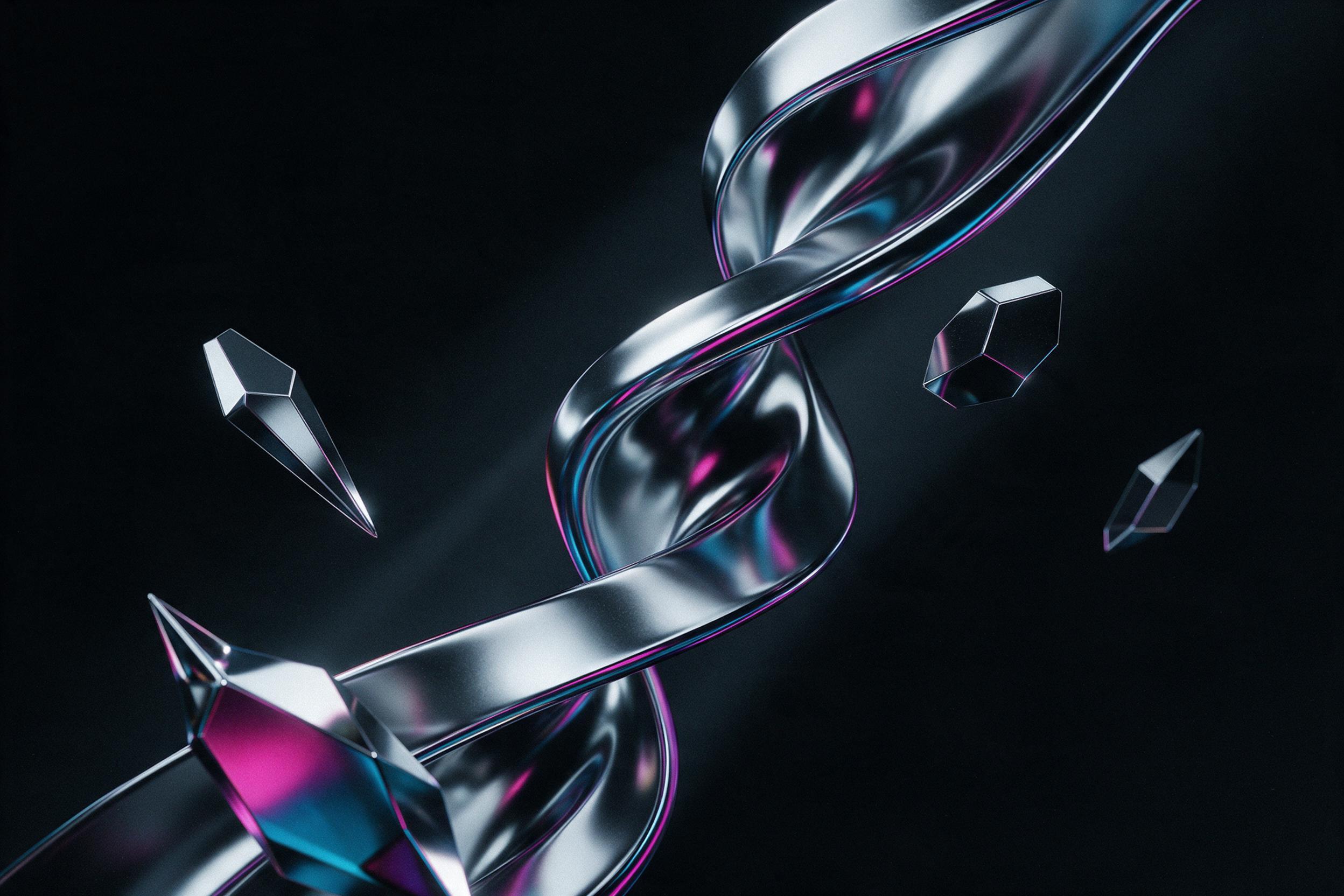 Flowing liquid chrome ribbons twisting through a dark void, iridescent reflections of magenta and cyan, sharp geometric shards floating nearby, subtle film grain, dramatic side lighting casting long shadows, minimalist composition, high contrast, moody atmosphere