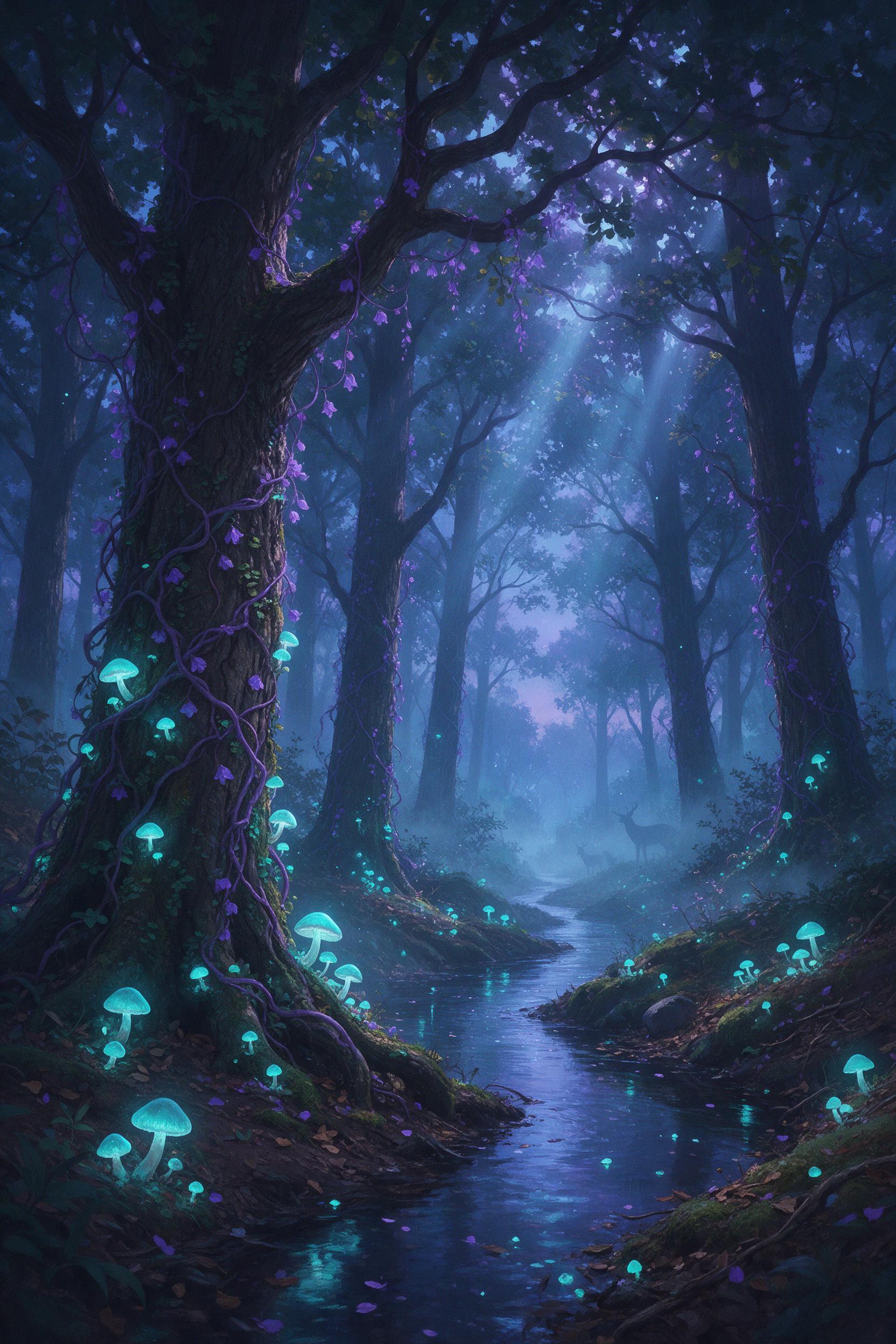 A lush bioluminescent forest at twilight, glowing teal mushrooms and violet vines winding around ancient oaks, a narrow stream reflecting neon mushrooms, soft mist drifting, ethereal light filters through canopies, faint silhouettes of deer, painterly, tranquil atmosphere