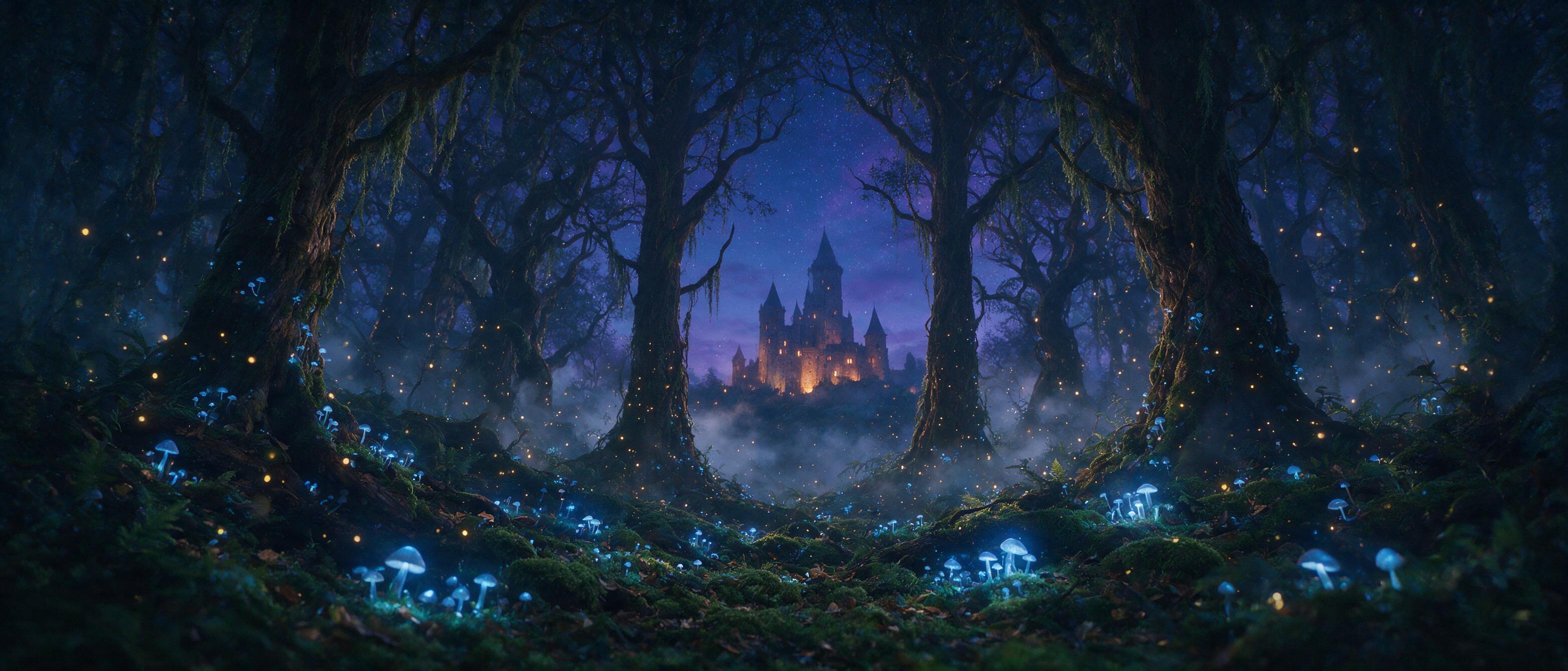A mystical forest at twilight, glowing mushrooms casting soft blue light on mossy ground, ancient twisted trees, floating fireflies, between tall trunks a distant castle silhouette, ethereal mist, cinematic composition, warm amber light from the castle mixing with cool blue tones, slight haze