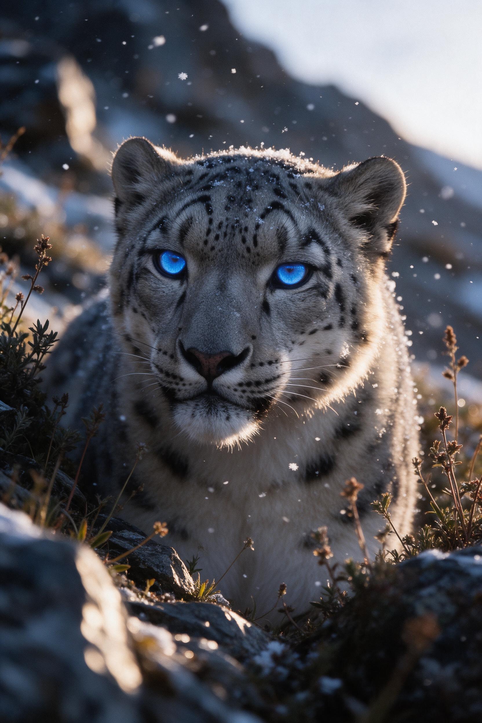 Close-up of a snow leopard in the Himalayas, intense blue eyes glowing among the sparse alpine flora, snowflakes dissolving on its fur, warm golden-hour rim light painting the sharp rock edges, subtle noise and a gentle film grain evoke a handheld telephoto documentary feel, background blurred into 