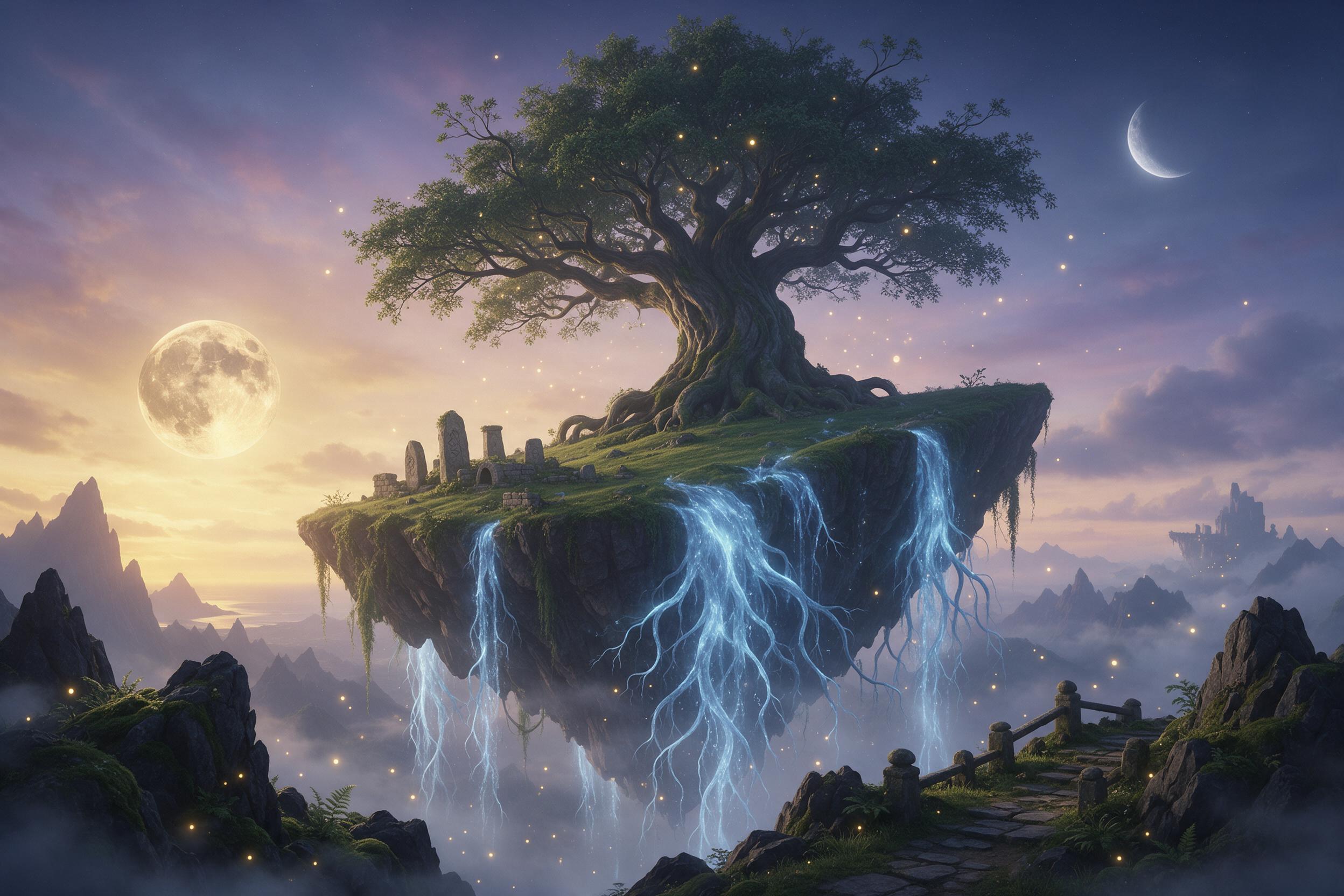 A mystical floating island with colossal ancient tree, glowing blue roots cascading like waterfalls, tiny fireflies, golden light on one side, soft mist, twilight sky with two moons, cinematic composition, ethereal atmosphere