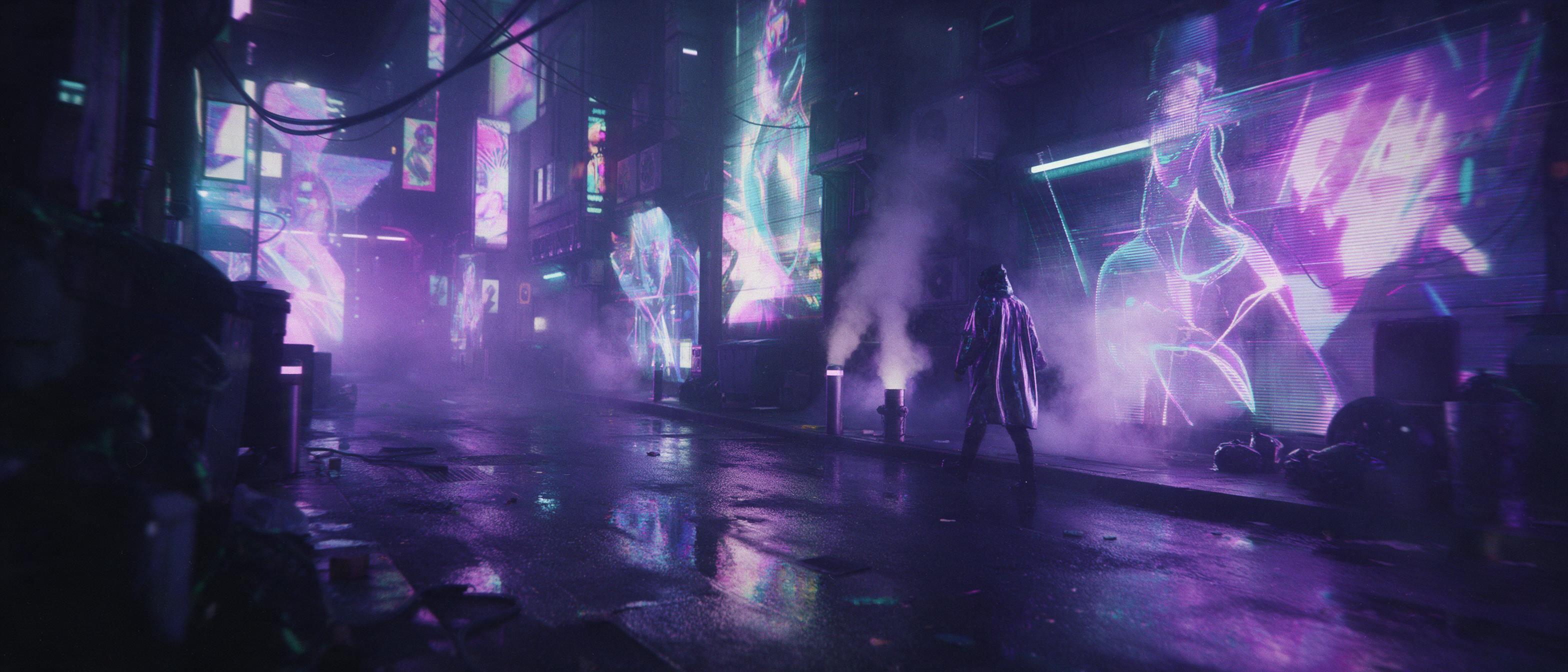 Neon-lit cyberpunk alley at night, rain-slicked asphalt mirroring holographic advertisements, a lone figure in a reflective trench coat walking past steam vents, cinematic wide shot, moody fog, purple and cyan tones, slight film grain