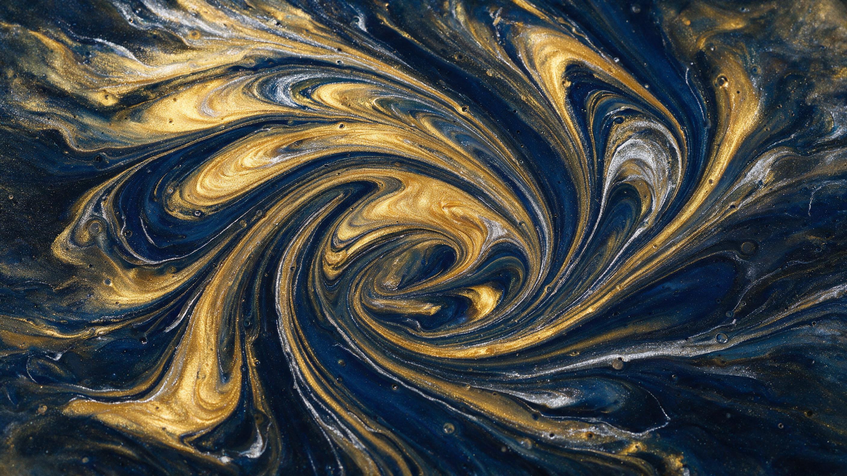Fluid art of molten gold and deep indigo swirling together on a dark canvas, with subtle silver streaks catching soft studio light, macro lens capturing intricate overlapping curves and bubbles, slight grain texture, no sharp edges or harsh contrast.